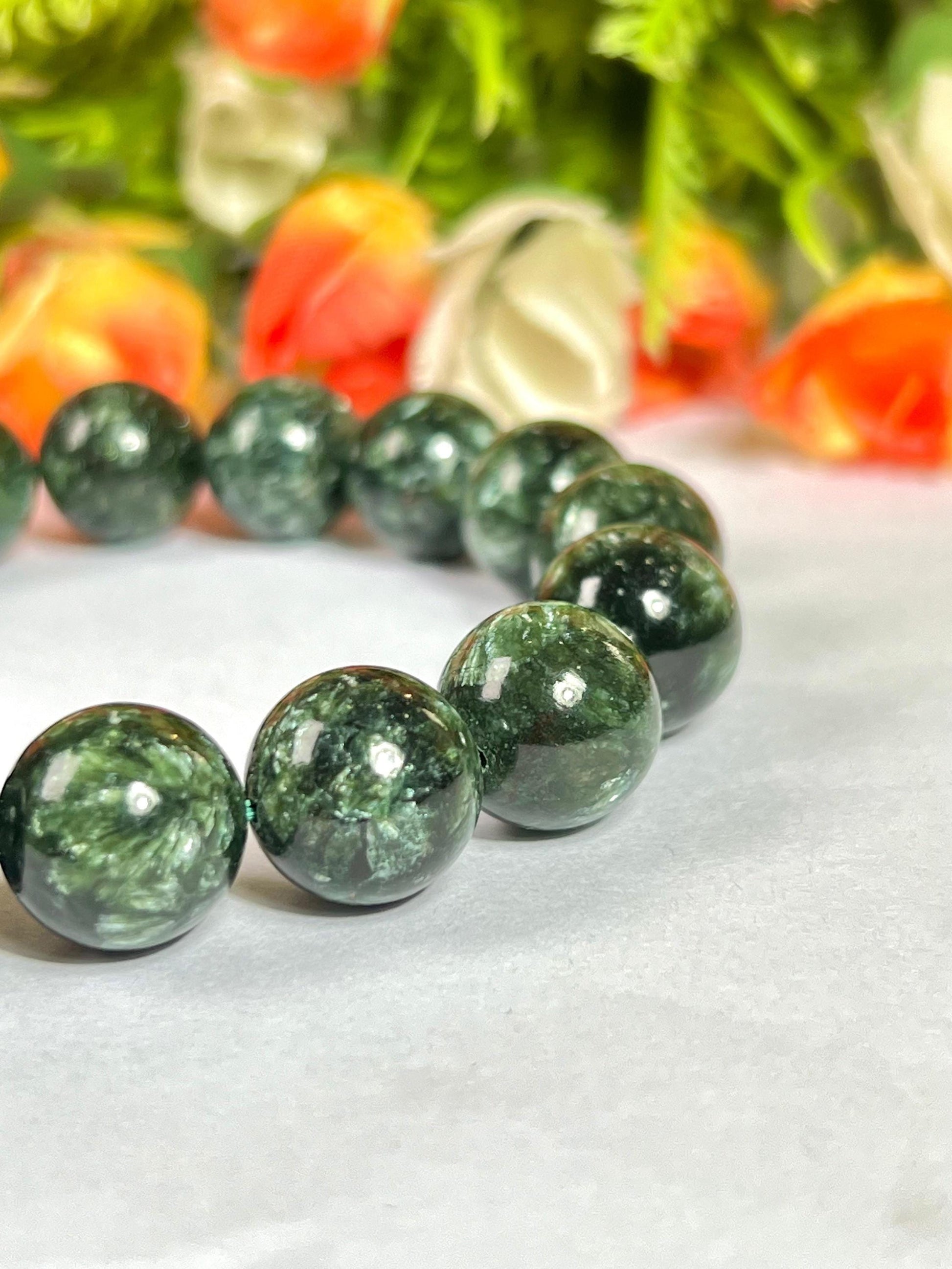 13 MM Seraphinite Stone Bracelet l Stretchable Bracelet l Unisex Bracelet