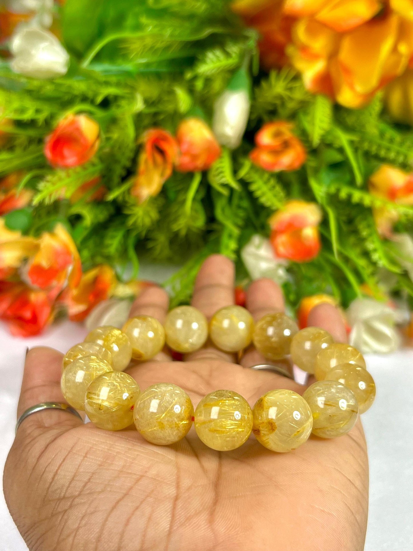 14 MM Golden Rutilated Quartz Stone Bracelet l Stretchable Bracelet l Unisex Bracelet