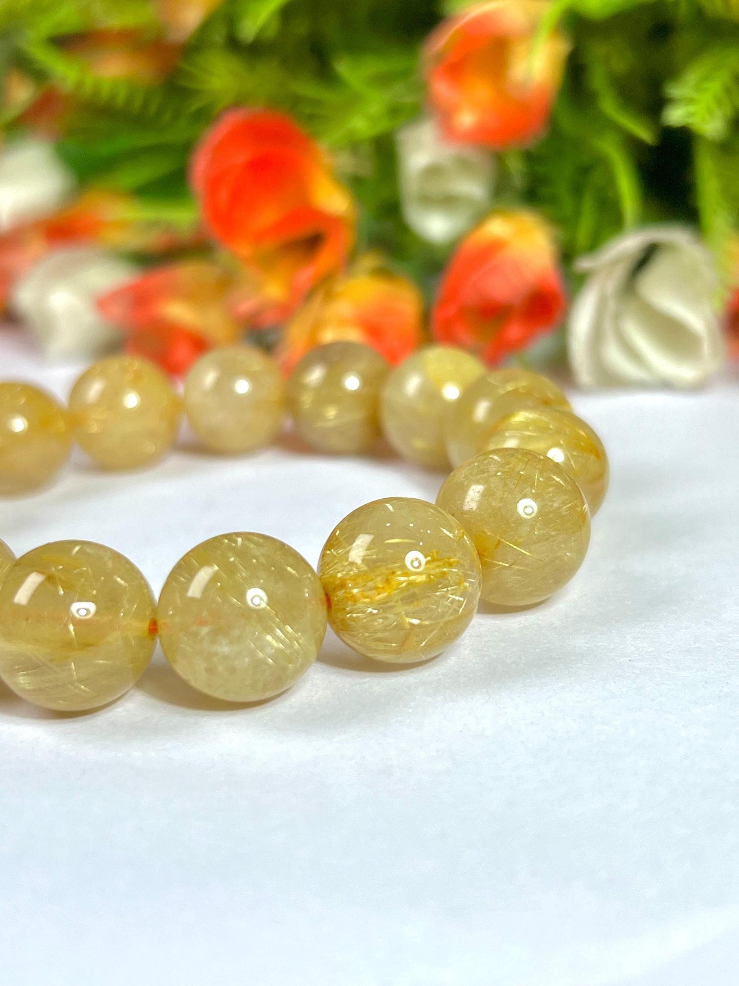 14 MM Golden Rutilated Quartz Stone Bracelet l Stretchable Bracelet l Unisex Bracelet