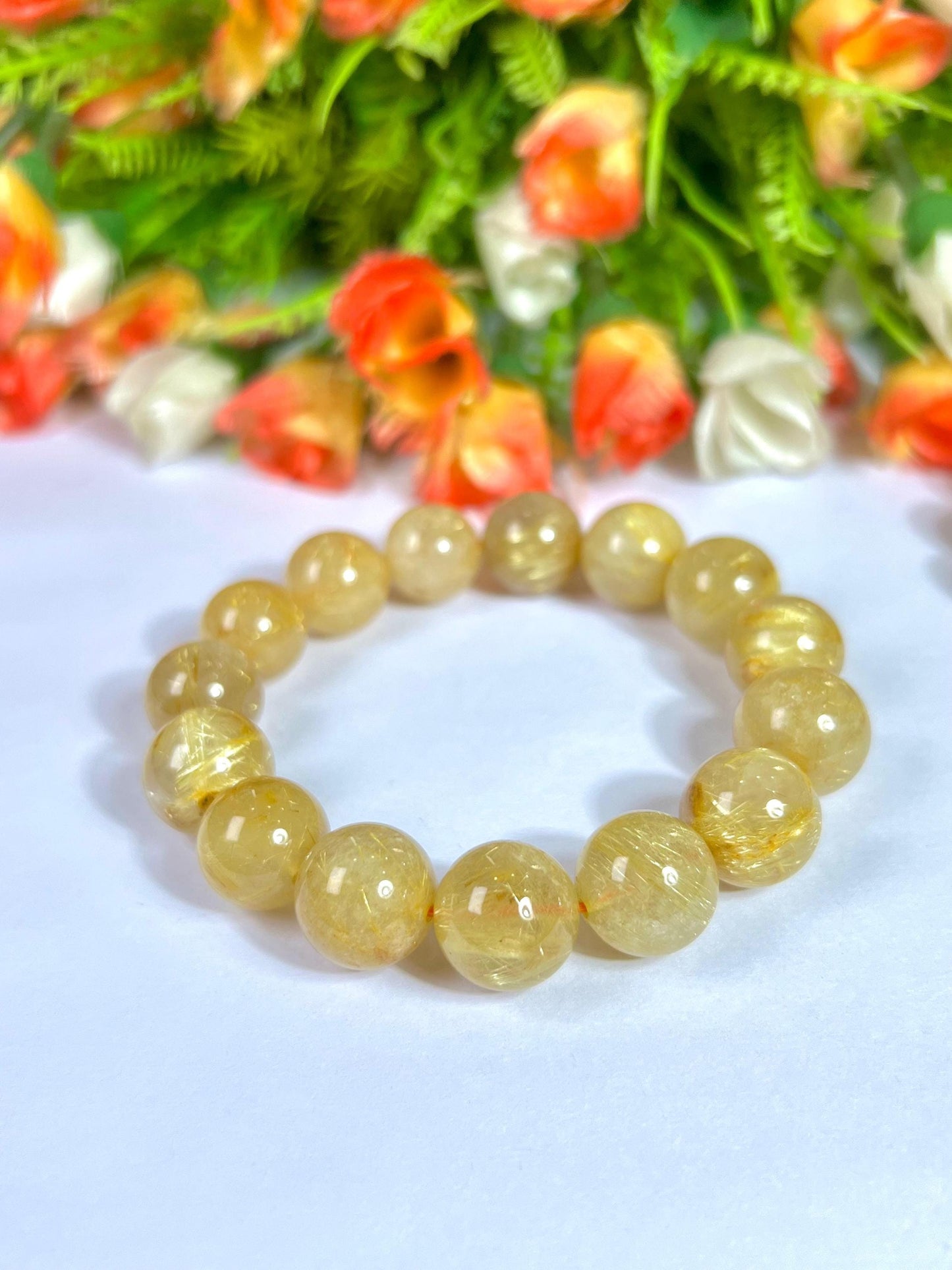 14 MM Golden Rutilated Quartz Stone Bracelet l Stretchable Bracelet l Unisex Bracelet