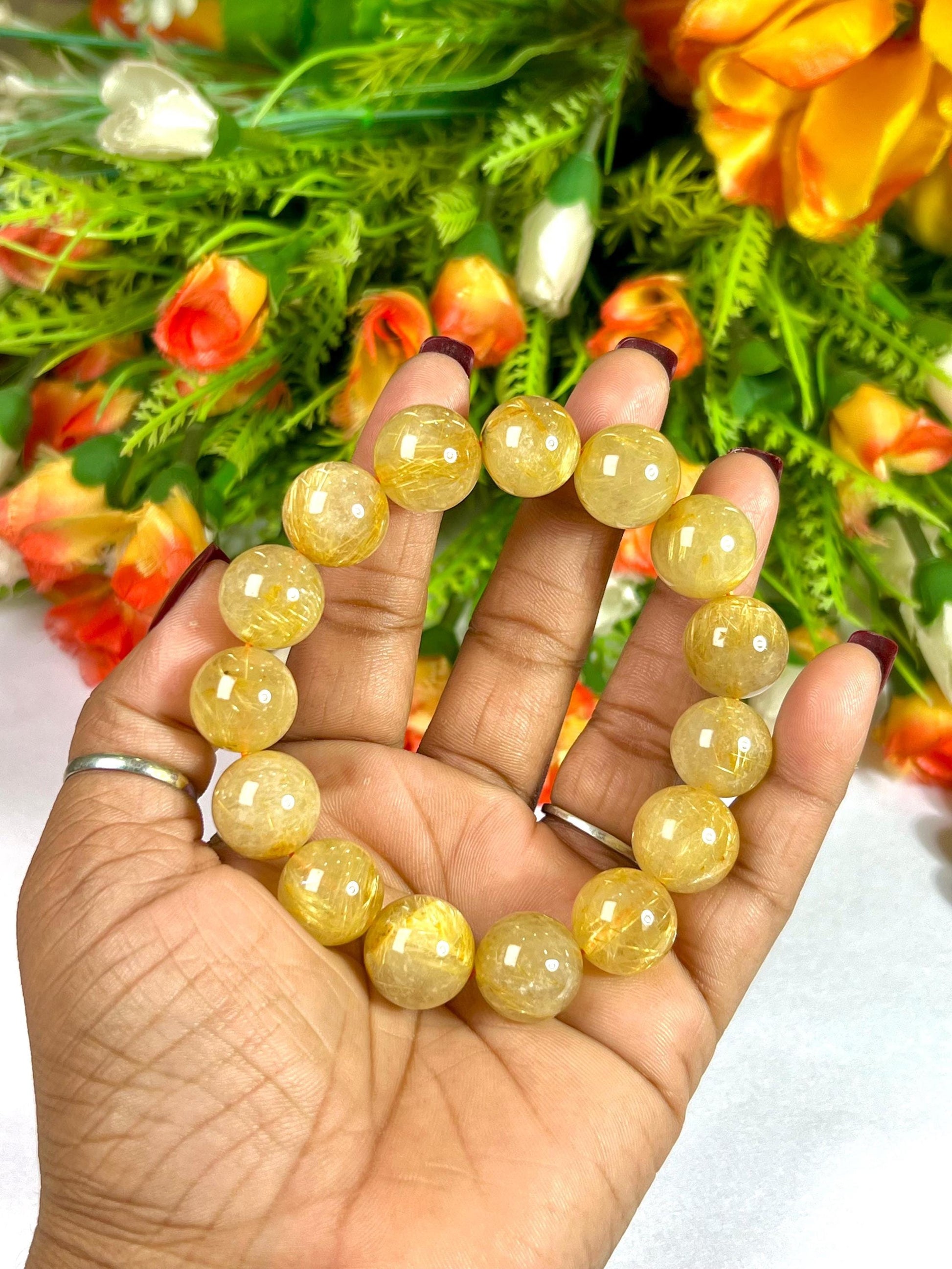 14 MM Golden Rutilated Quartz Stone Bracelet l Stretchable Bracelet l Unisex Bracelet