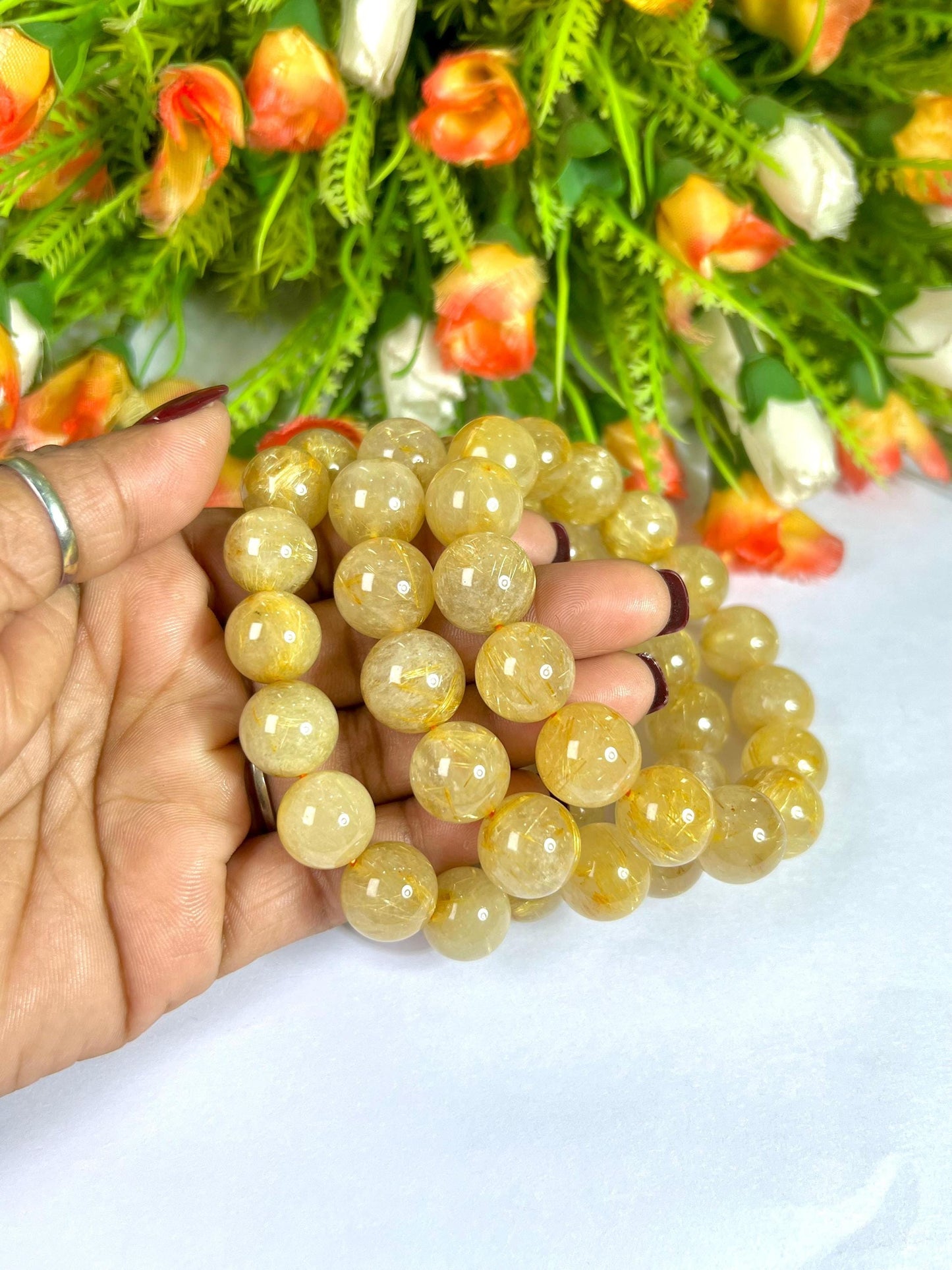 14 MM Golden Rutilated Quartz Stone Bracelet l Stretchable Bracelet l Unisex Bracelet