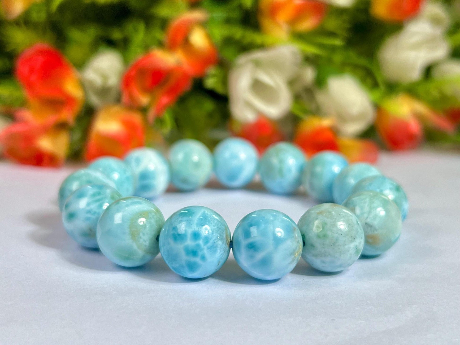 14 MM Dominican Republic Larimar Stone Bracelet l Stretchable Bracelet l Unisex Bracelet
