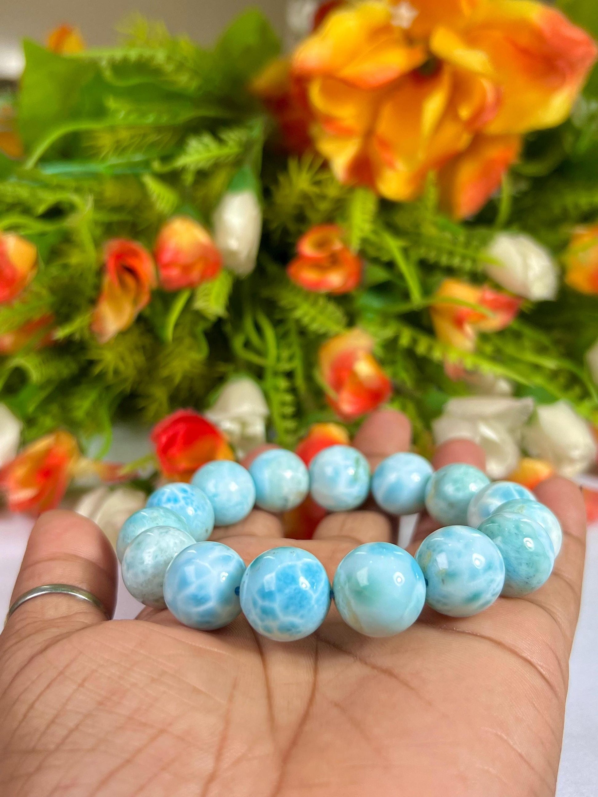 14 MM Dominican Republic Larimar Stone Bracelet l Stretchable Bracelet l Unisex Bracelet