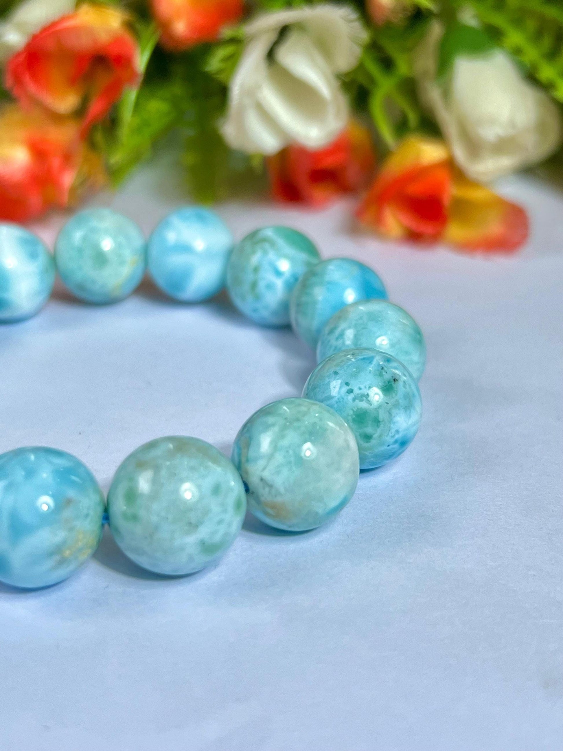 14 MM Dominican Republic Larimar Stone Bracelet l Stretchable Bracelet l Unisex Bracelet