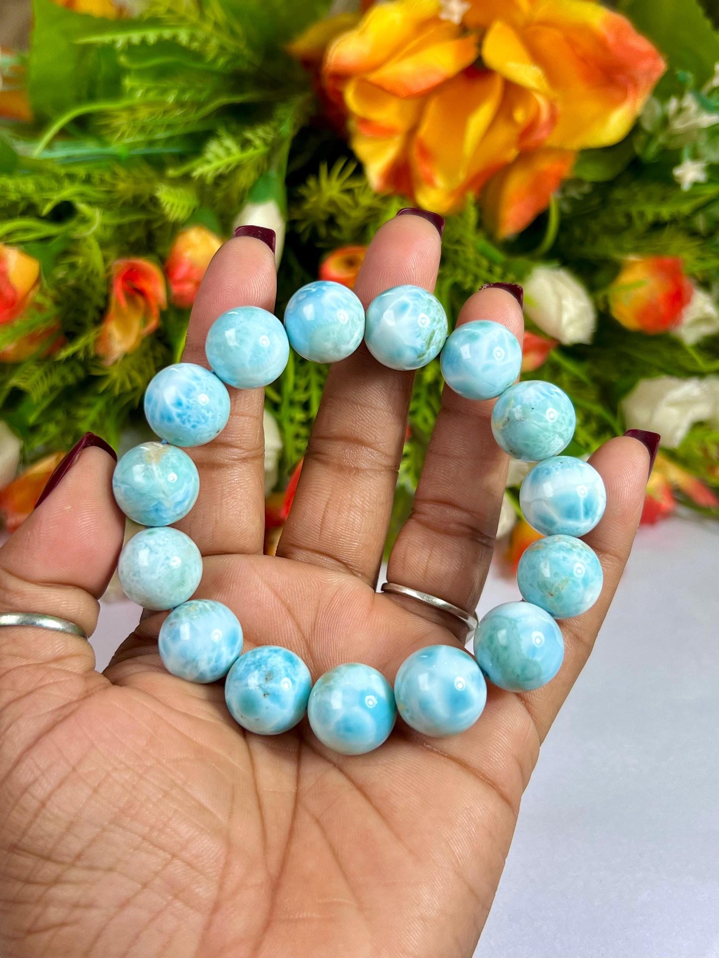 14 MM Dominican Republic Larimar Stone Bracelet l Stretchable Bracelet l Unisex Bracelet