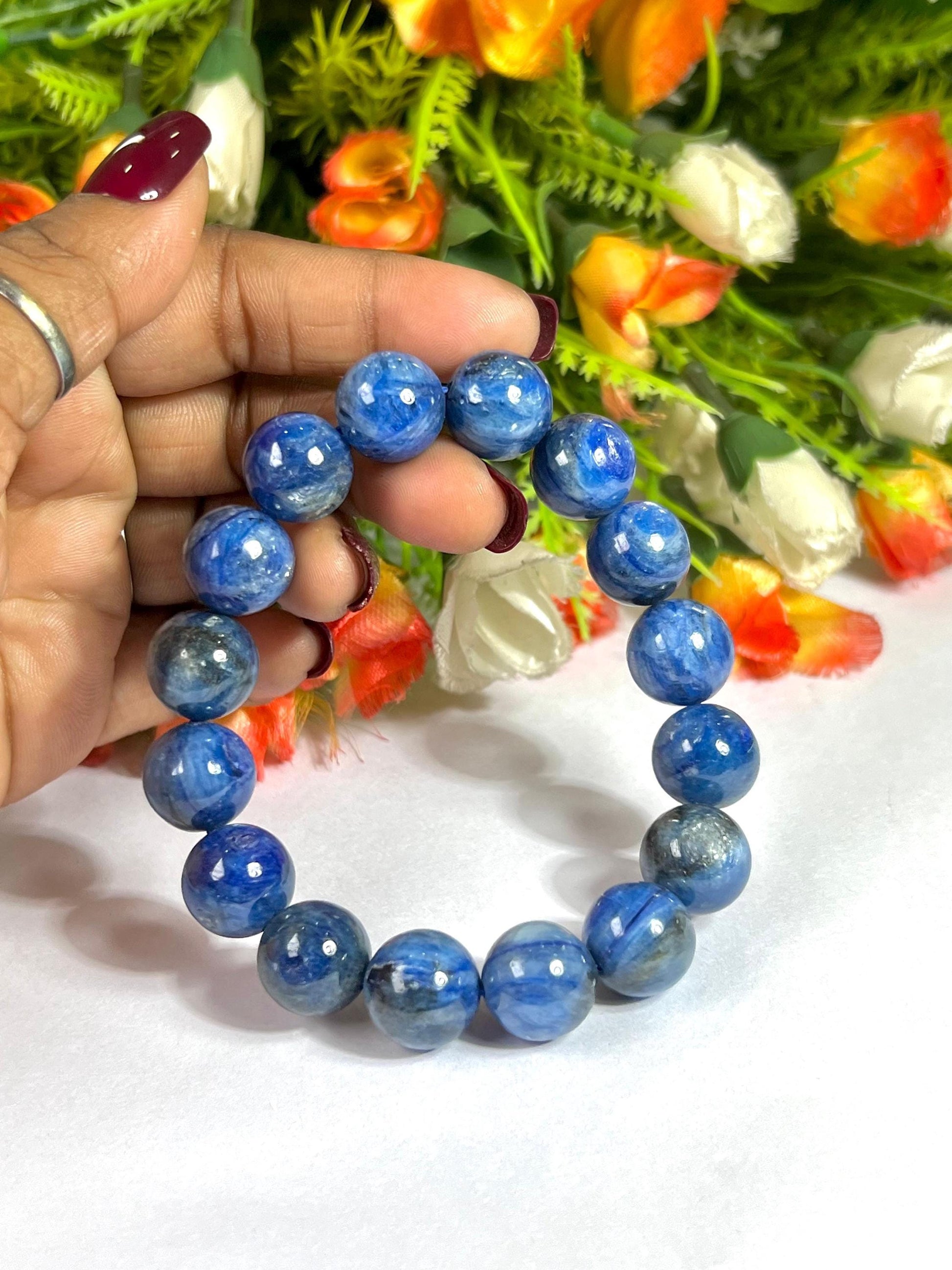 14 MM  Blue Kyanite Stone Bracelet l Stretchable Bracelet l Unisex Bracelet