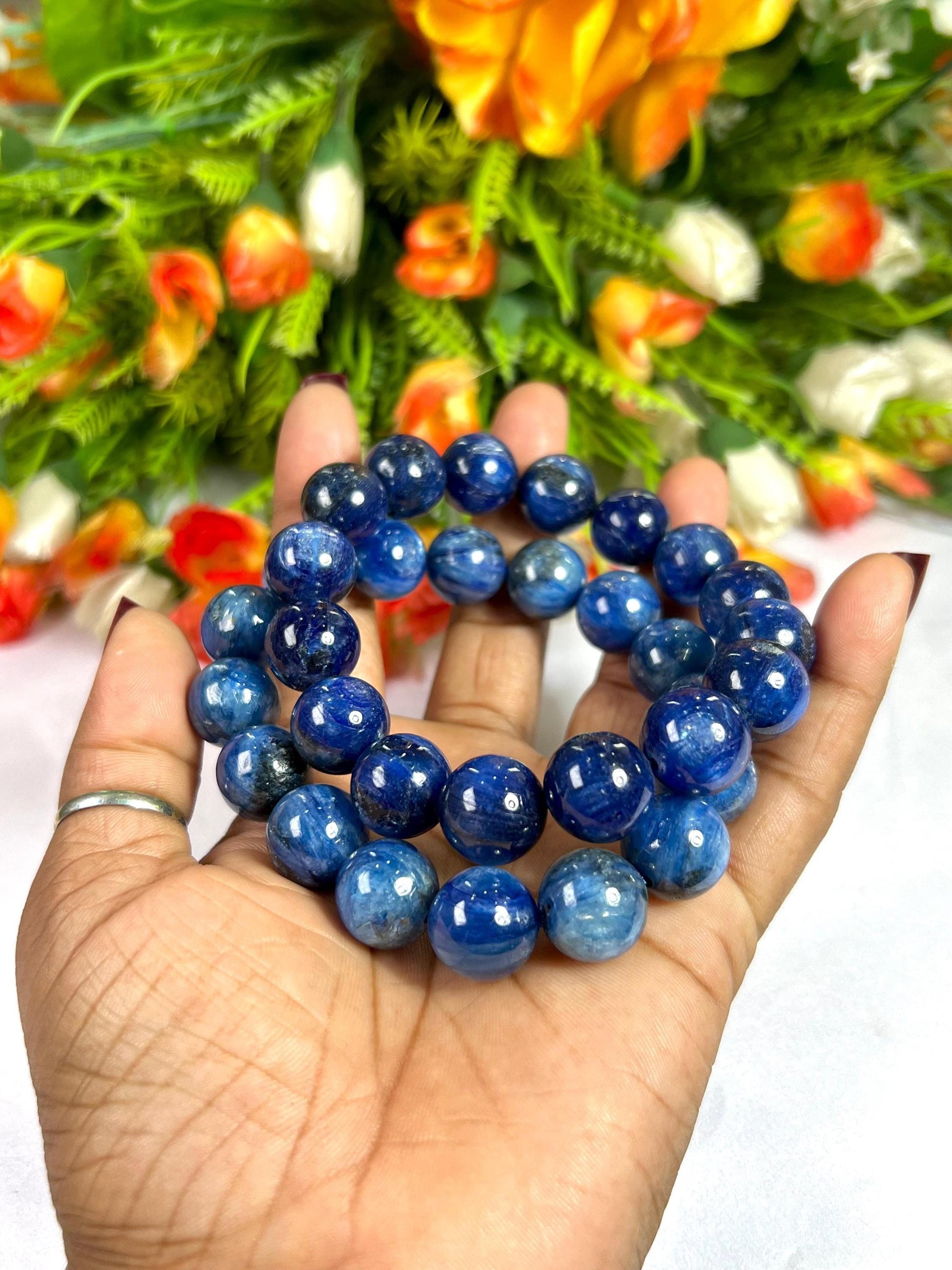 14 MM  Blue Kyanite Stone Bracelet l Stretchable Bracelet l Unisex Bracelet