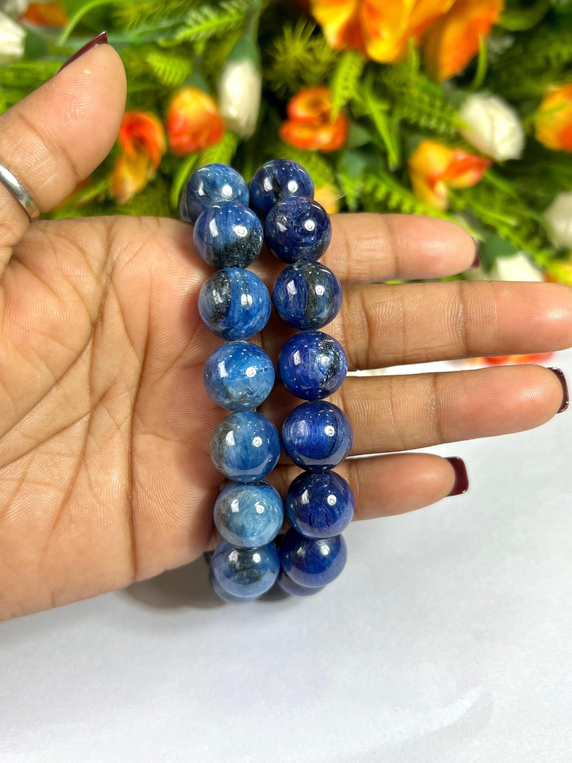 14 MM  Blue Kyanite Stone Bracelet l Stretchable Bracelet l Unisex Bracelet