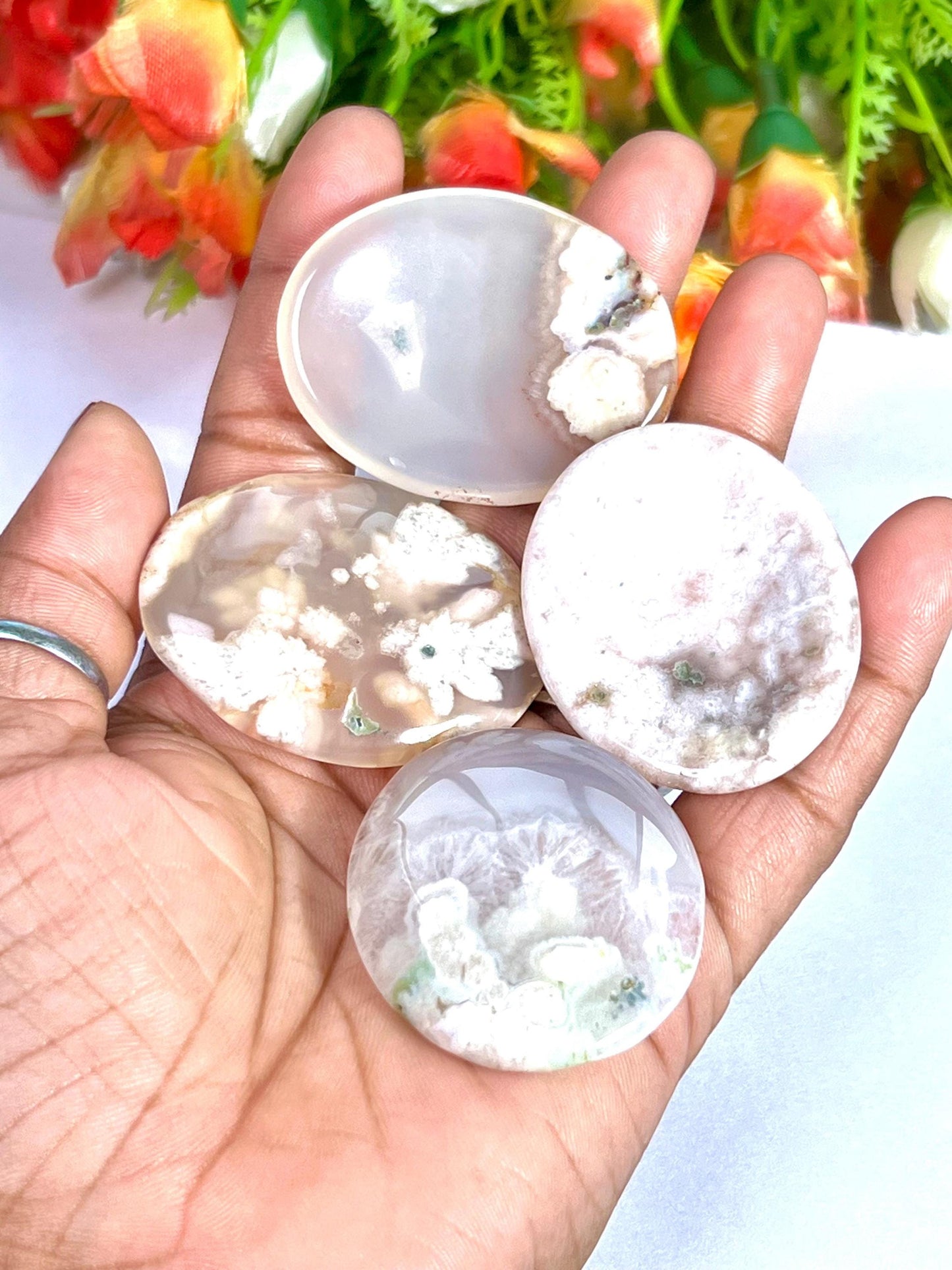 Pink Flower Agate Stone Worry Stone – Crystal Worry Stone – Pocket Stone – Healing Crystal - 4cmx3cm Thumb Stone One (1) Piece