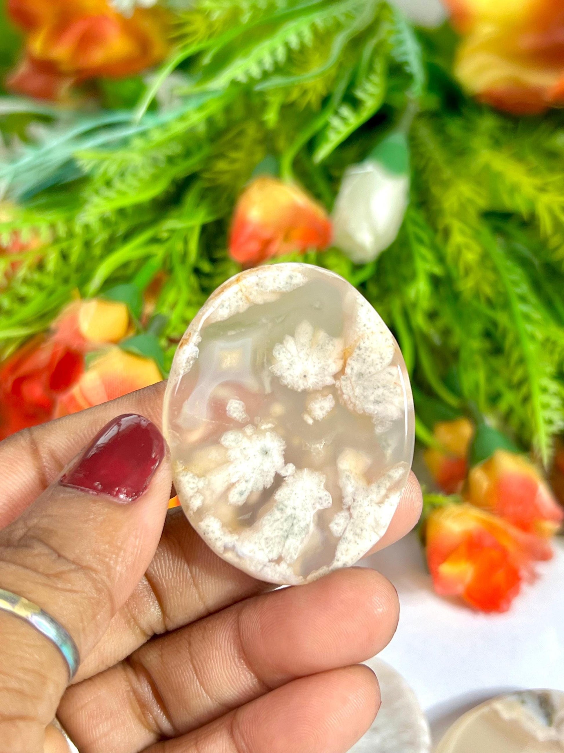 Pink Flower Agate Stone Worry Stone – Crystal Worry Stone – Pocket Stone – Healing Crystal - 4cmx3cm Thumb Stone One (1) Piece