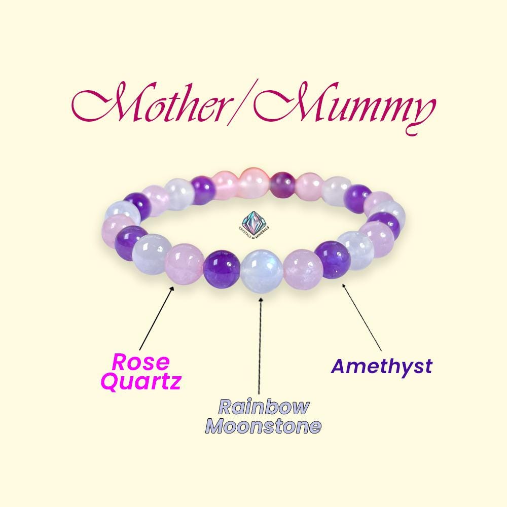 For Mother / Mummy Bracelet l Rose Quartz, Rainbow Moonstone , Amethyst Stone 8 MM Beads Bracelet