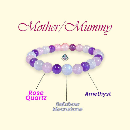 For Mother / Mummy Bracelet l Rose Quartz, Rainbow Moonstone , Amethyst Stone 8 MM Beads Bracelet