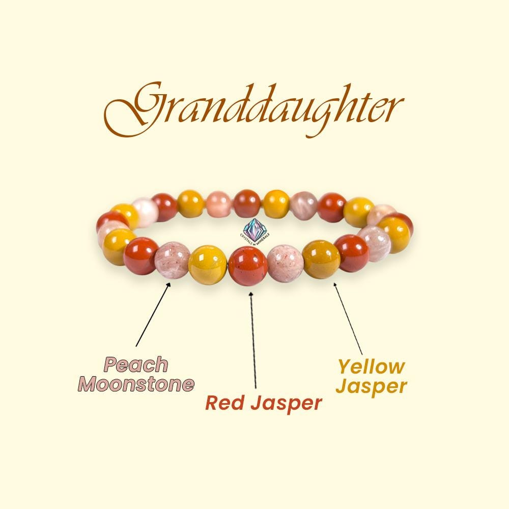 For Grand Daughter Bracelet l Peach Moonstone, Red Jasper , Yellow Jasper Stone 8 MM Beads Bracelet