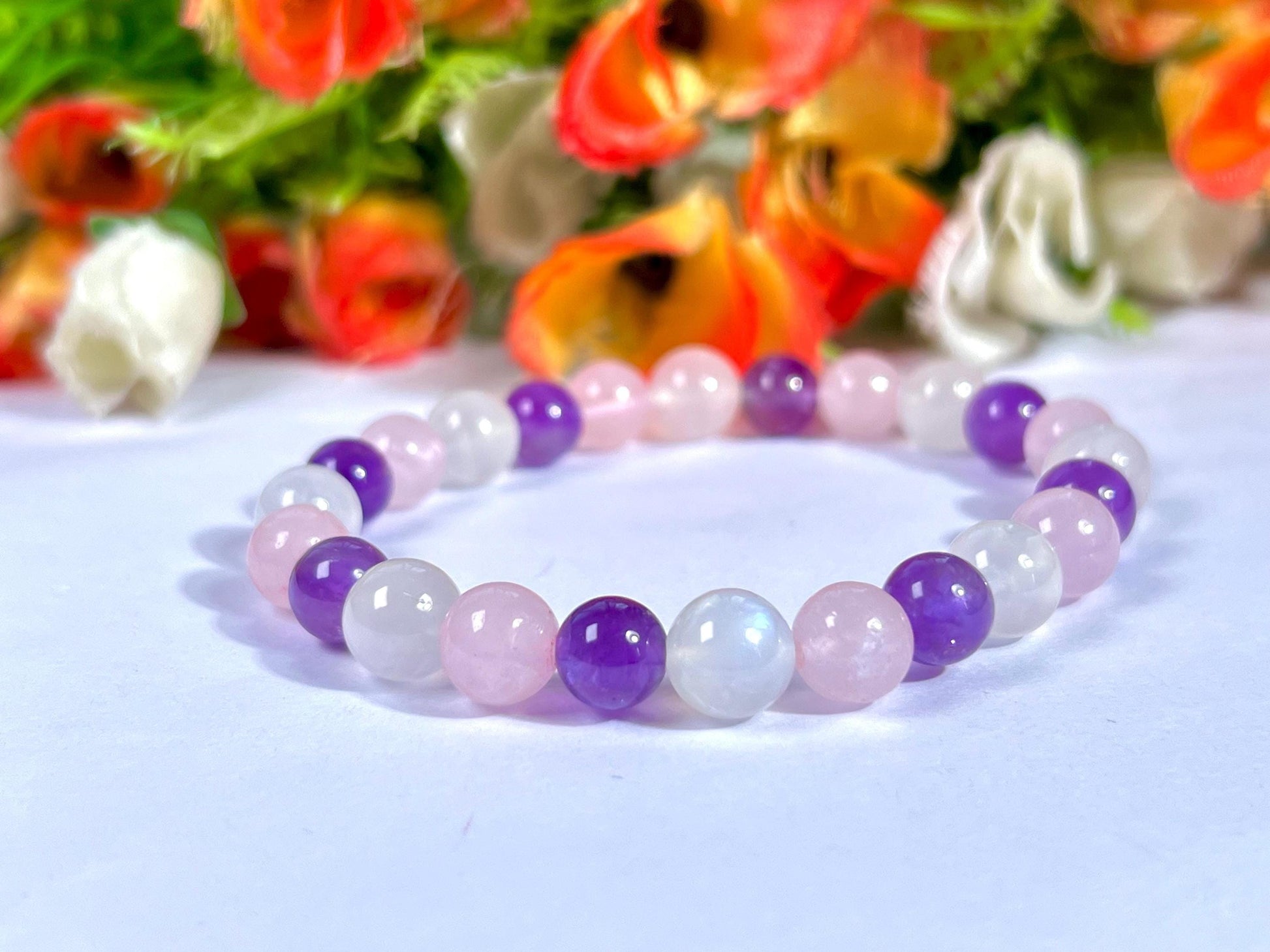 For Mother / Mummy Bracelet l Rose Quartz, Rainbow Moonstone , Amethyst Stone 8 MM Beads Bracelet