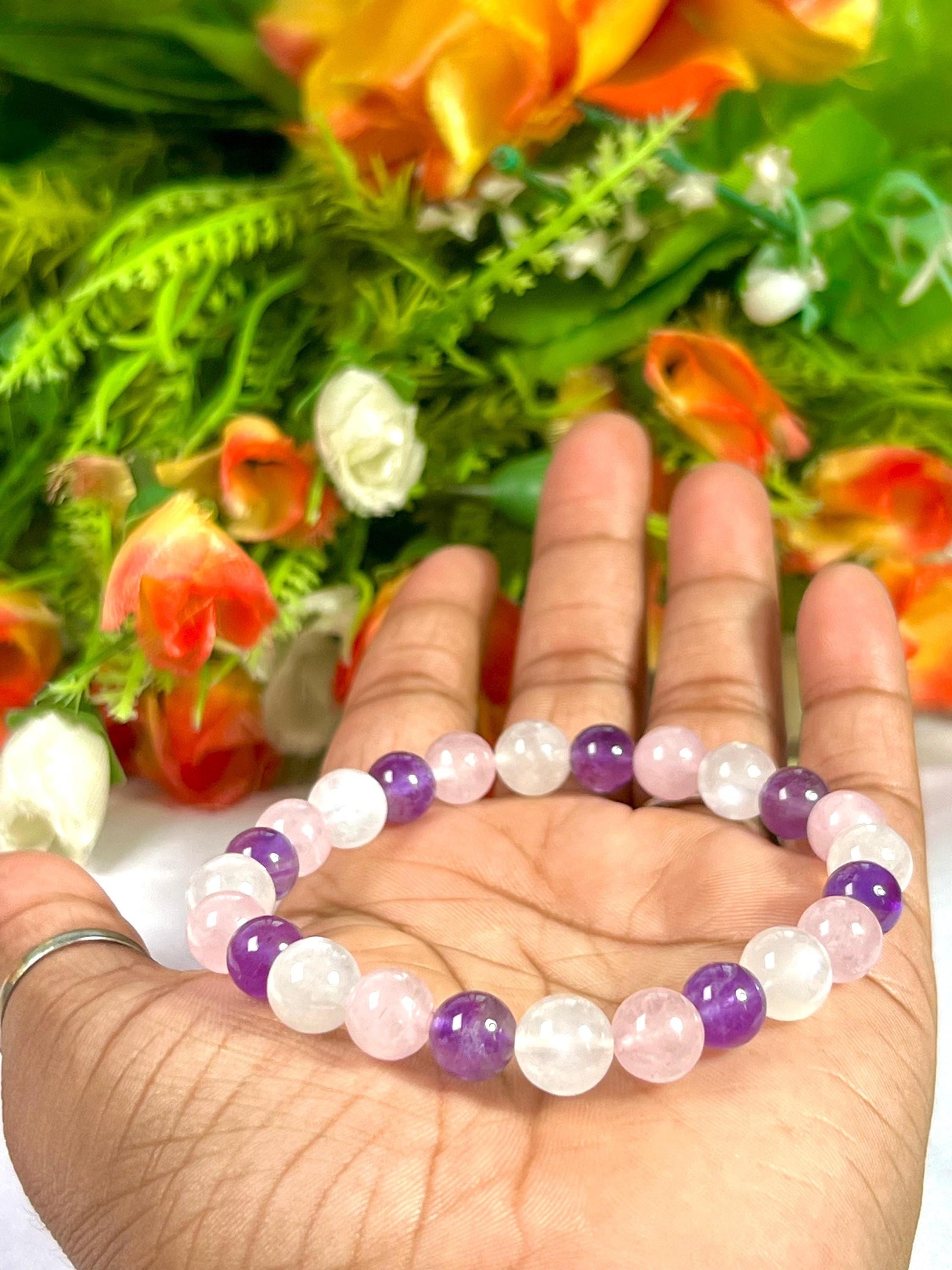 For Mother / Mummy Bracelet l Rose Quartz, Rainbow Moonstone , Amethyst Stone 8 MM Beads Bracelet