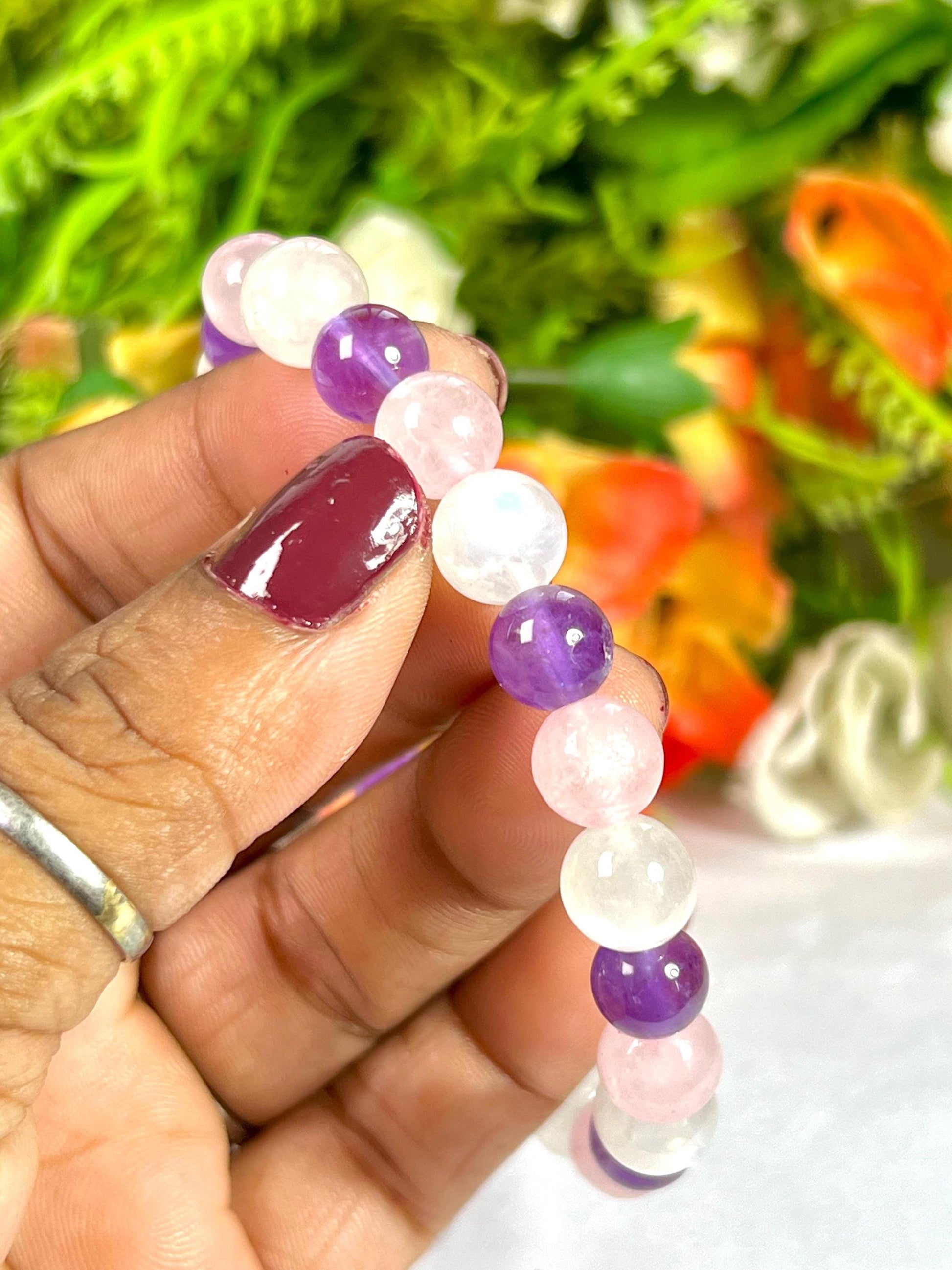 For Mother / Mummy Bracelet l Rose Quartz, Rainbow Moonstone , Amethyst Stone 8 MM Beads Bracelet