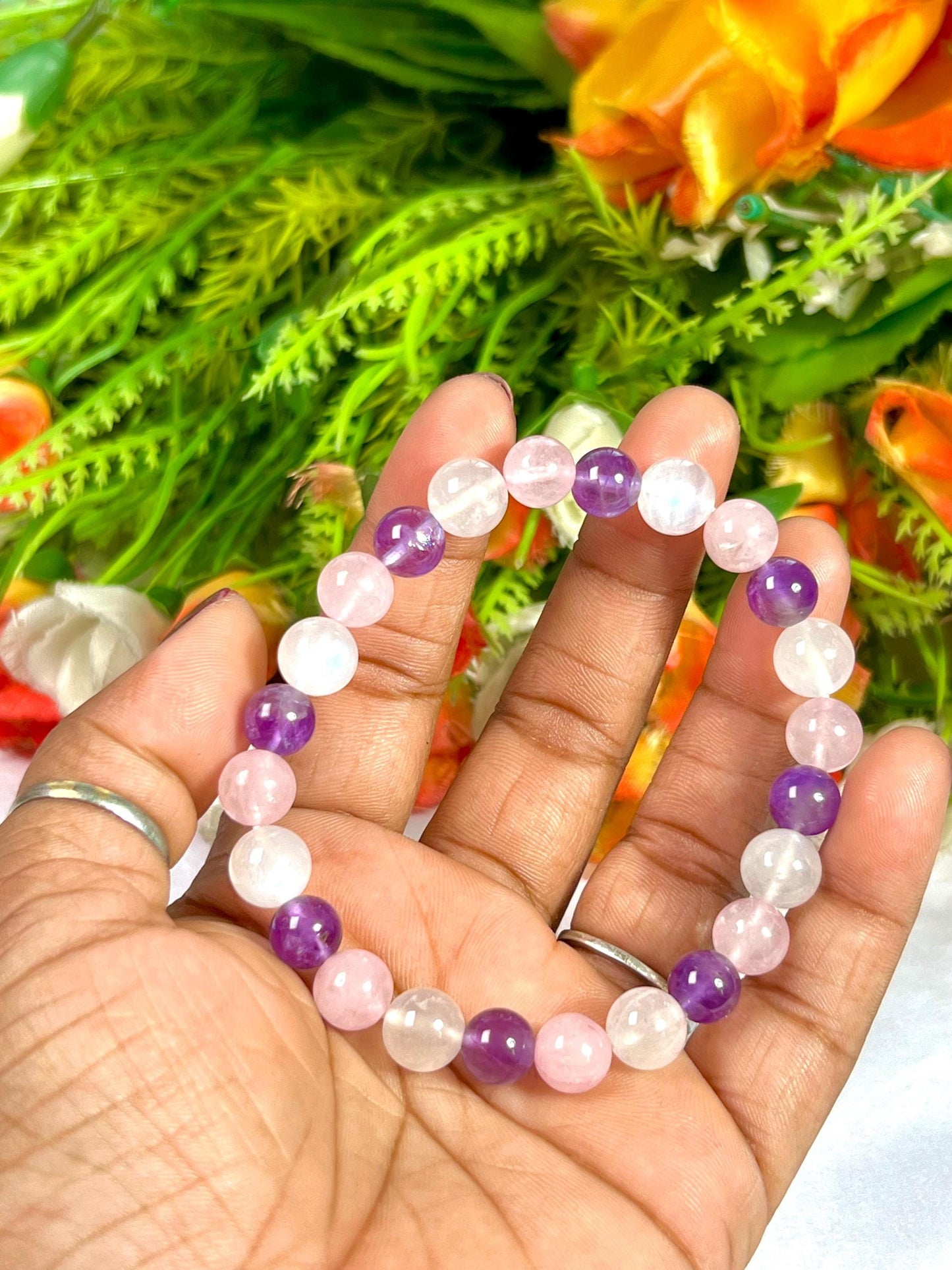 For Mother / Mummy Bracelet l Rose Quartz, Rainbow Moonstone , Amethyst Stone 8 MM Beads Bracelet