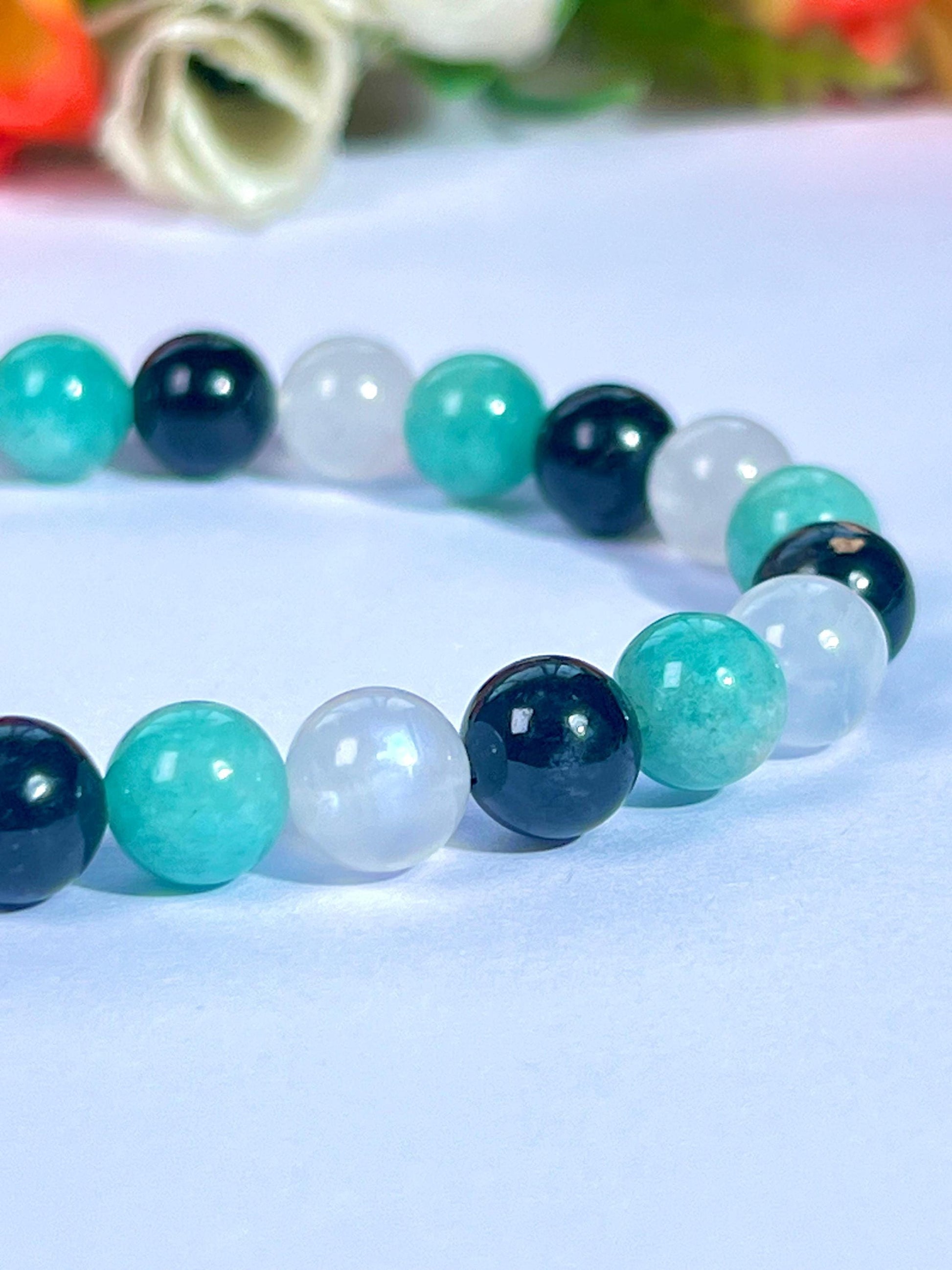 For Sister Bracelet l Amazonite , Black Tourmaline , Rainbow Moonstone  8 MM Beads Bracelet