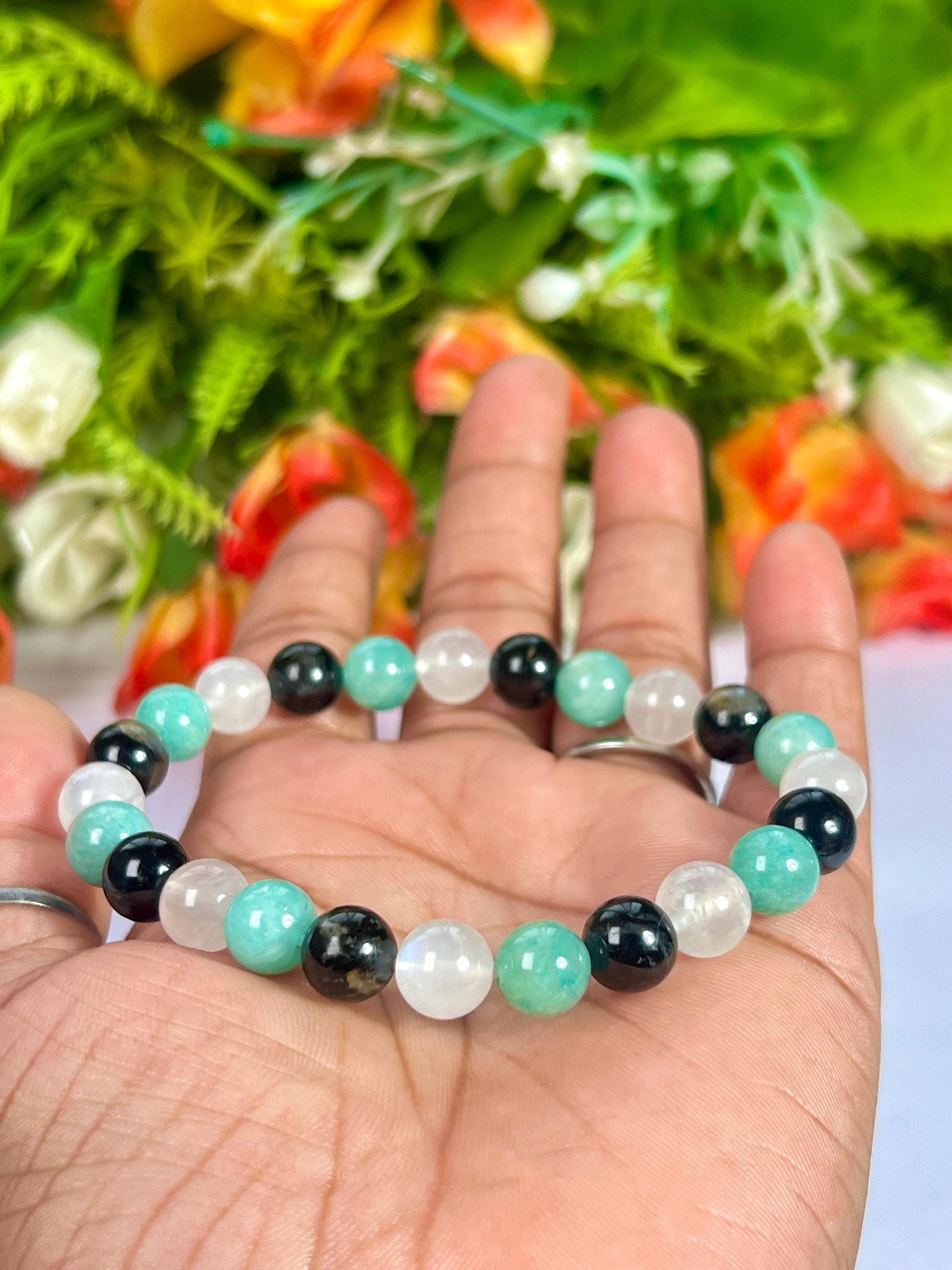 For Sister Bracelet l Amazonite , Black Tourmaline , Rainbow Moonstone  8 MM Beads Bracelet