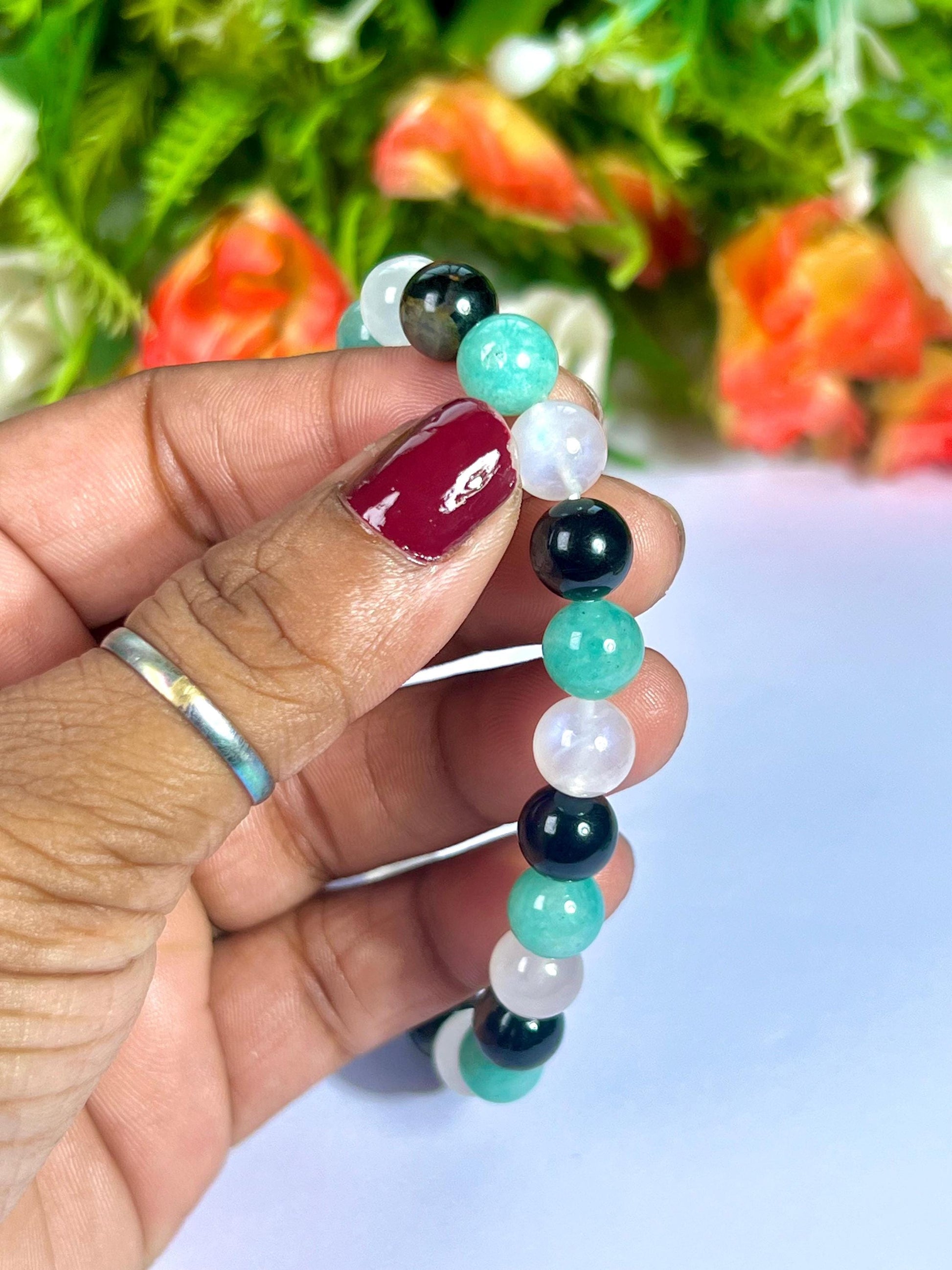 For Sister Bracelet l Amazonite , Black Tourmaline , Rainbow Moonstone  8 MM Beads Bracelet