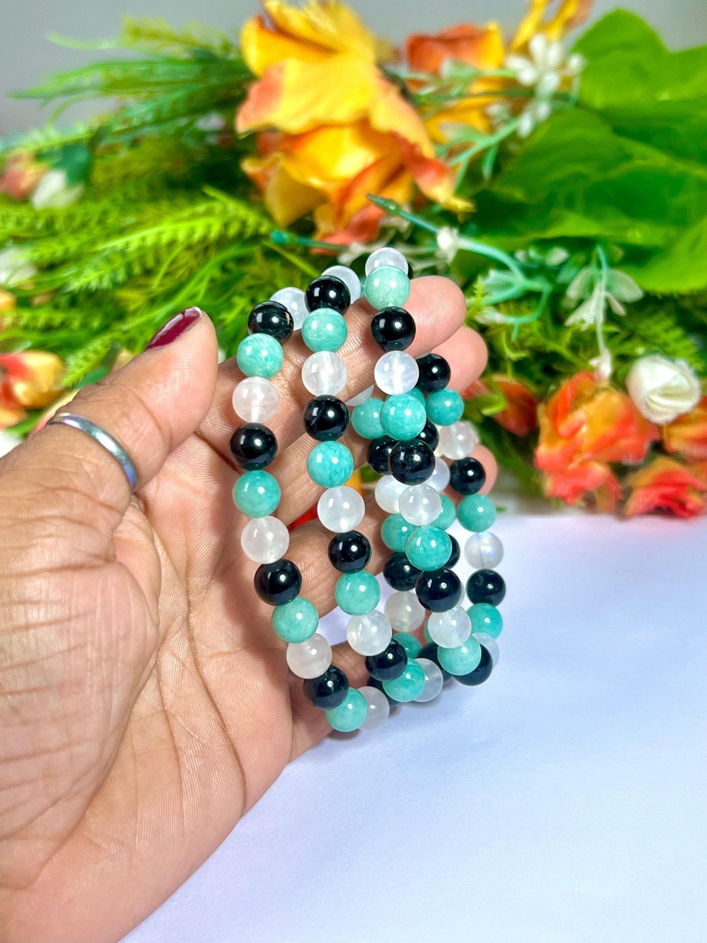 For Sister Bracelet l Amazonite , Black Tourmaline , Rainbow Moonstone  8 MM Beads Bracelet