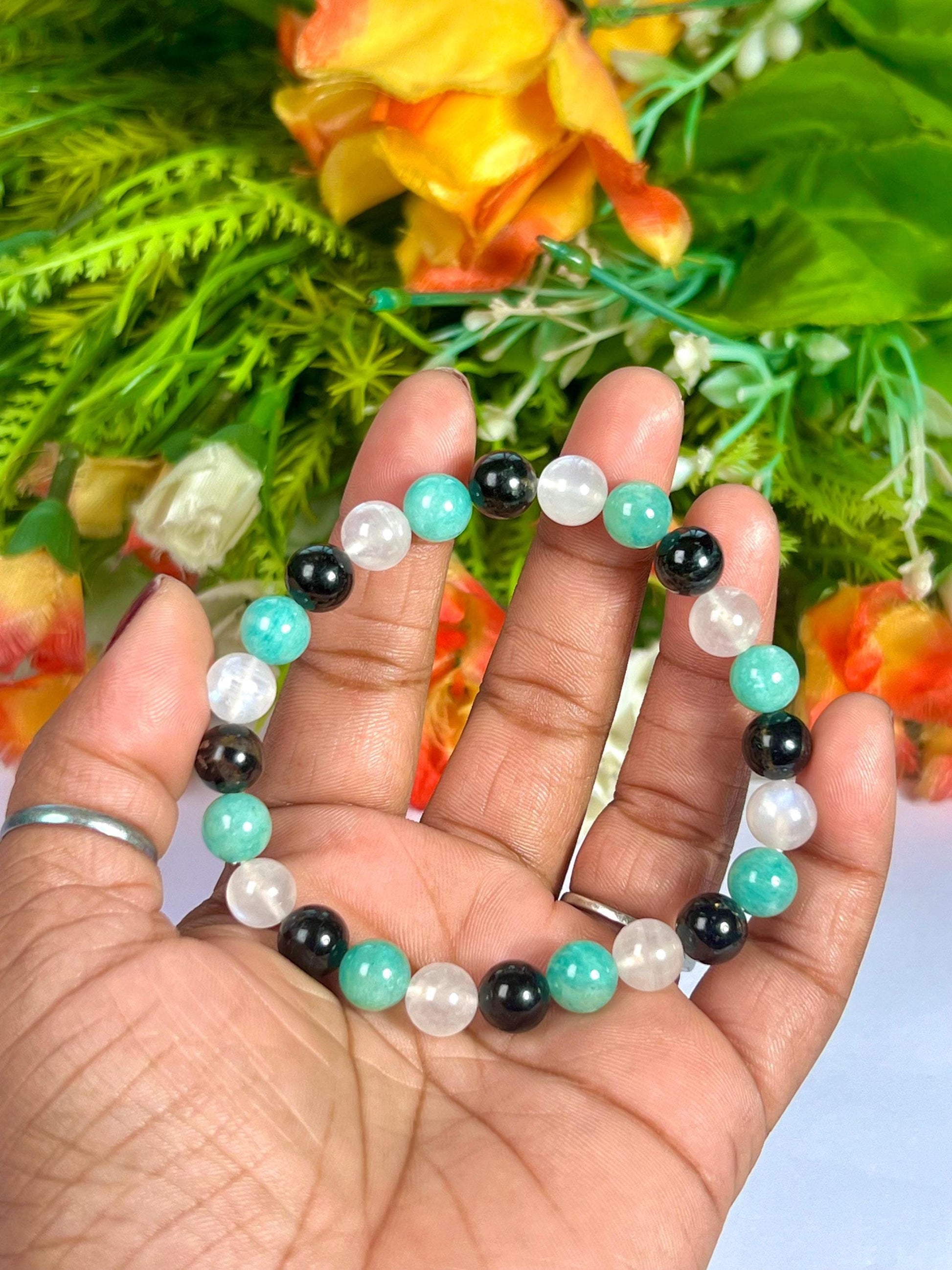 For Sister Bracelet l Amazonite , Black Tourmaline , Rainbow Moonstone  8 MM Beads Bracelet