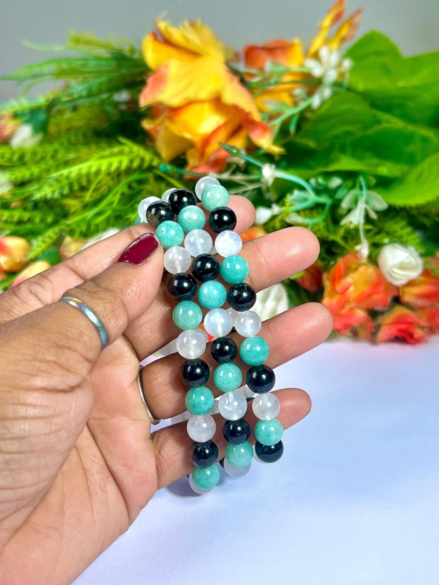 For Sister Bracelet l Amazonite , Black Tourmaline , Rainbow Moonstone  8 MM Beads Bracelet