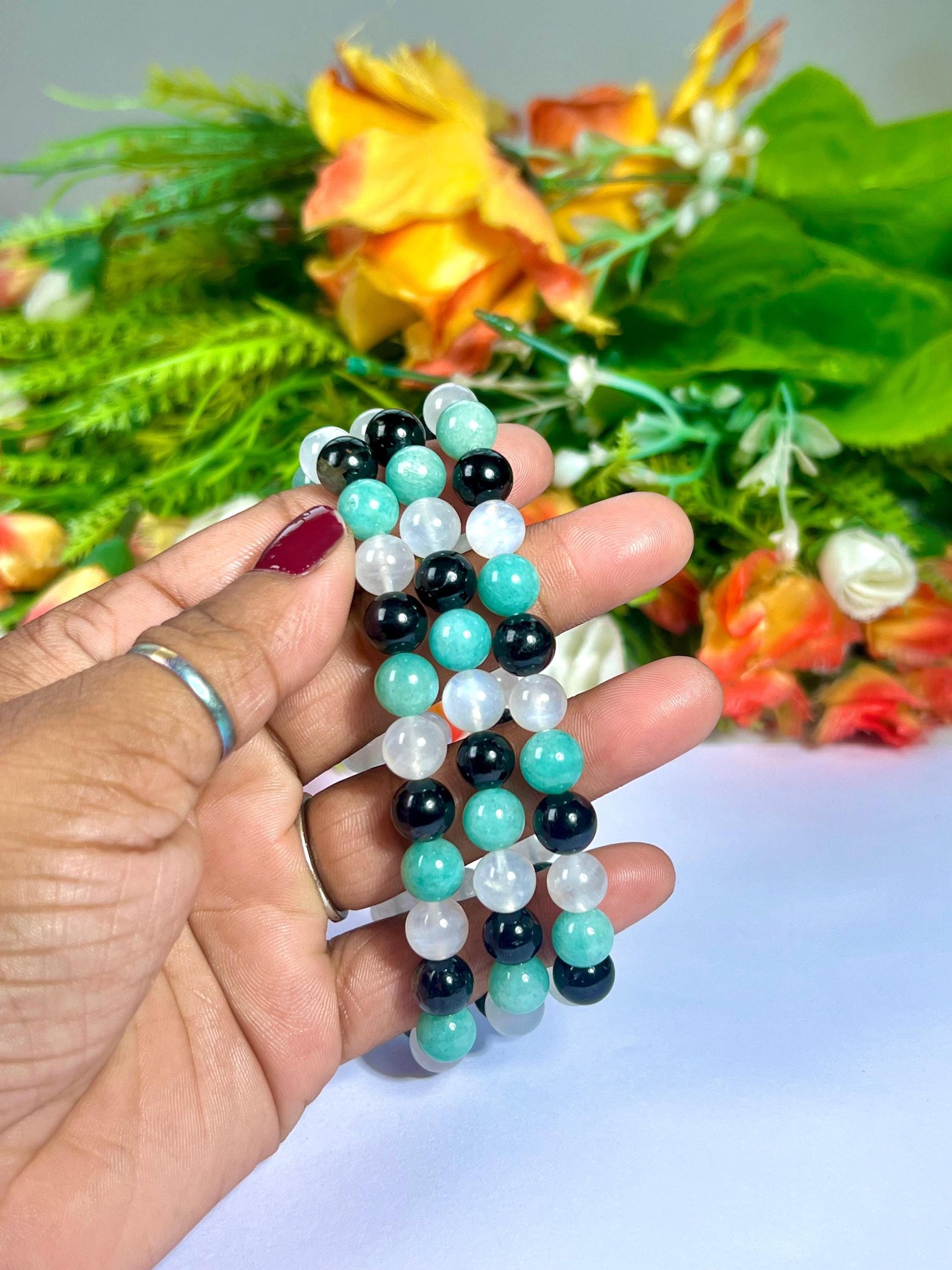 For Sister Bracelet l Amazonite , Black Tourmaline , Rainbow Moonstone  8 MM Beads Bracelet