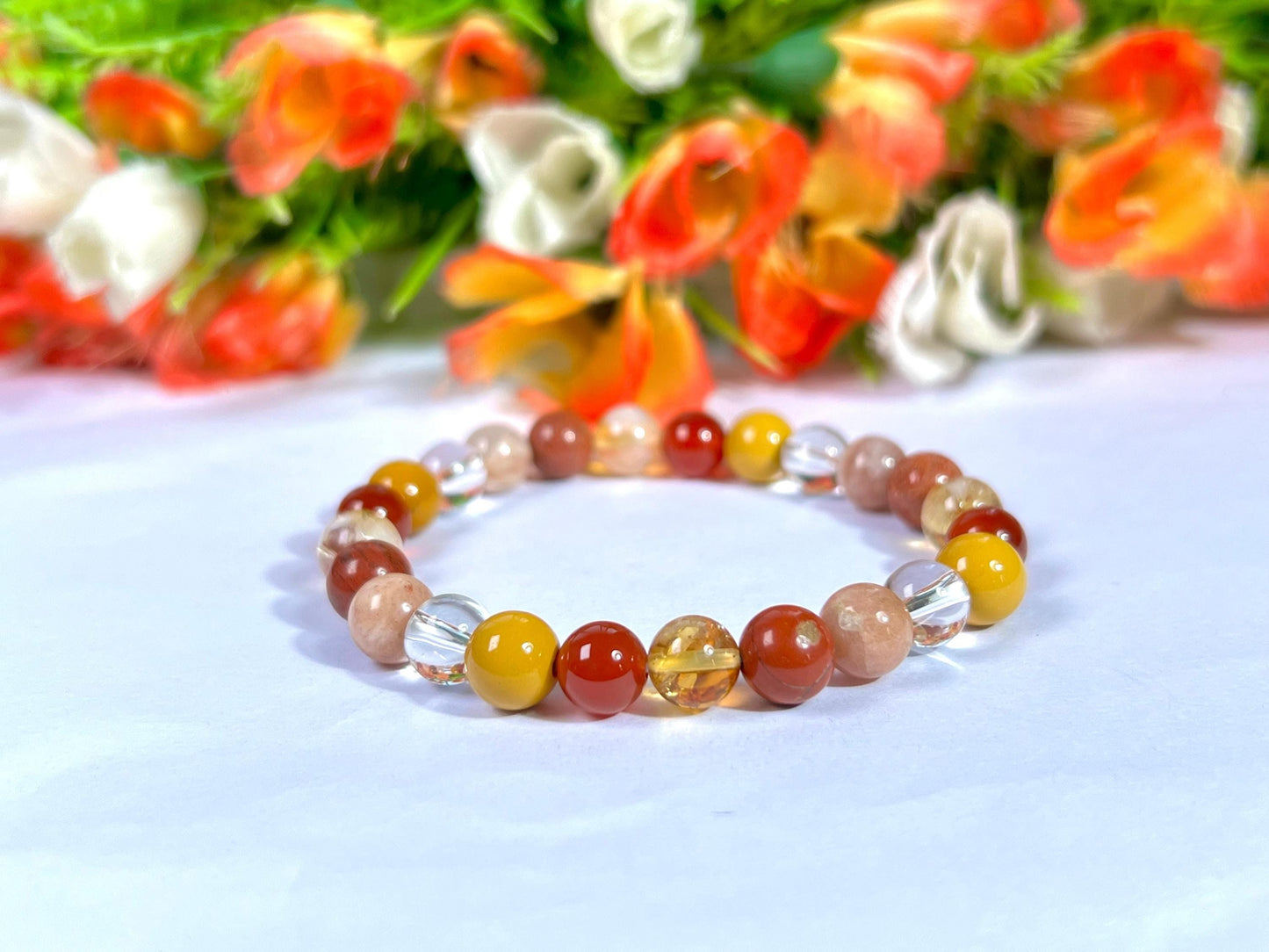 Positive Energy Stone Bracelet l Himalayan Crystal, Yellow Jasper, Carnelian, Citrine, Red Jasper, Peach Moonstone 8 MM Beads Bracelet