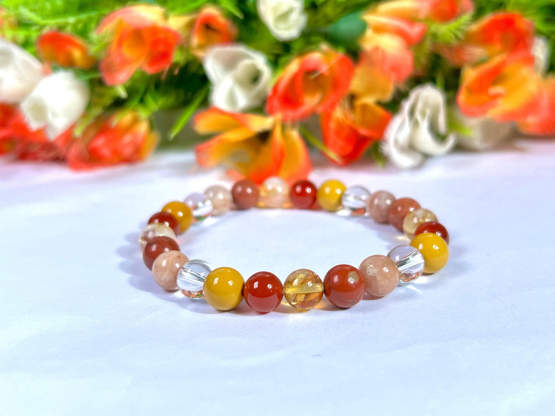 Positive Energy Stone Bracelet l Himalayan Crystal, Yellow Jasper, Carnelian, Citrine, Red Jasper, Peach Moonstone 8 MM Beads Bracelet