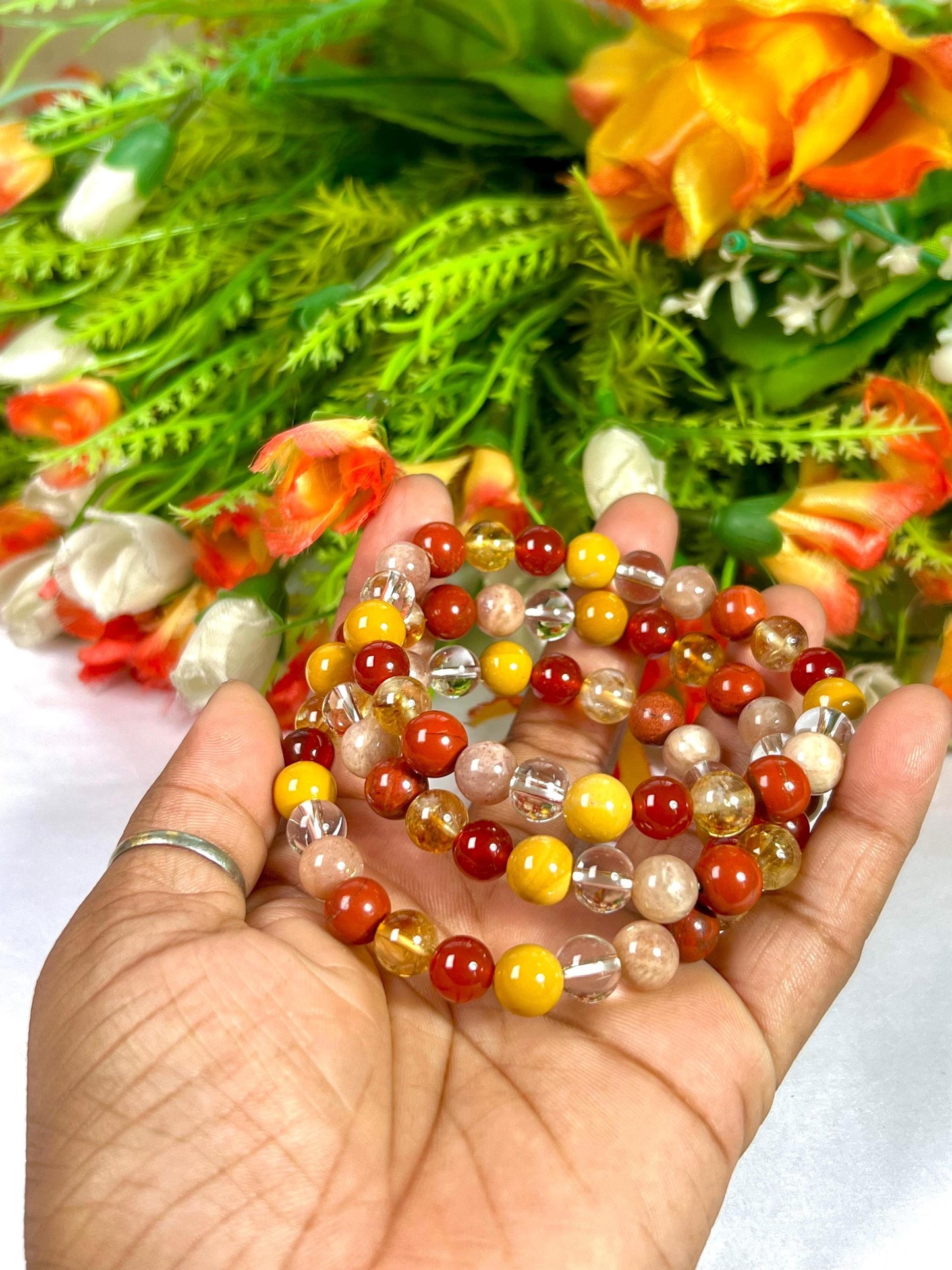 Positive Energy Stone Bracelet l Himalayan Crystal, Yellow Jasper, Carnelian, Citrine, Red Jasper, Peach Moonstone 8 MM Beads Bracelet