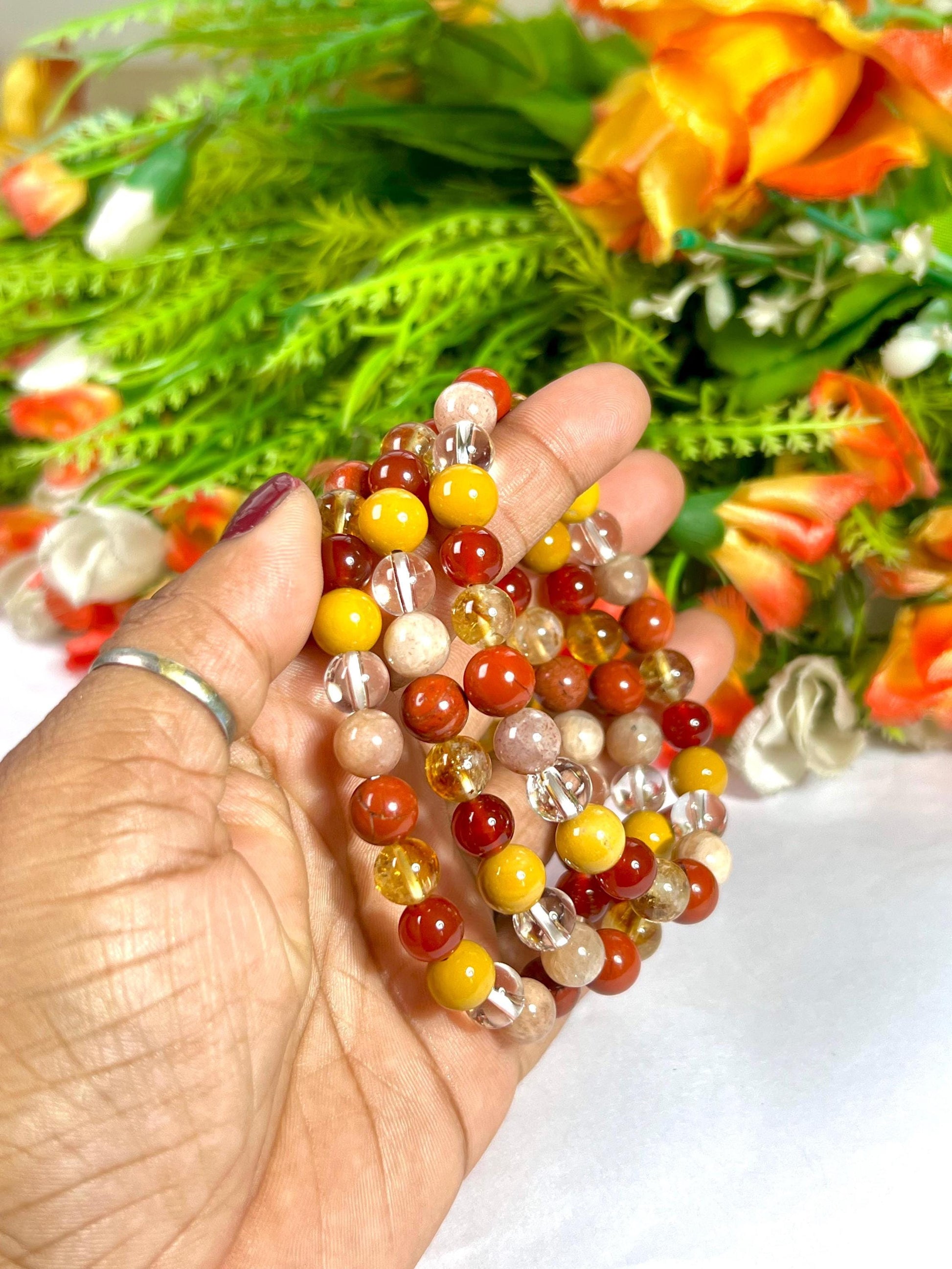 Positive Energy Stone Bracelet l Himalayan Crystal, Yellow Jasper, Carnelian, Citrine, Red Jasper, Peach Moonstone 8 MM Beads Bracelet
