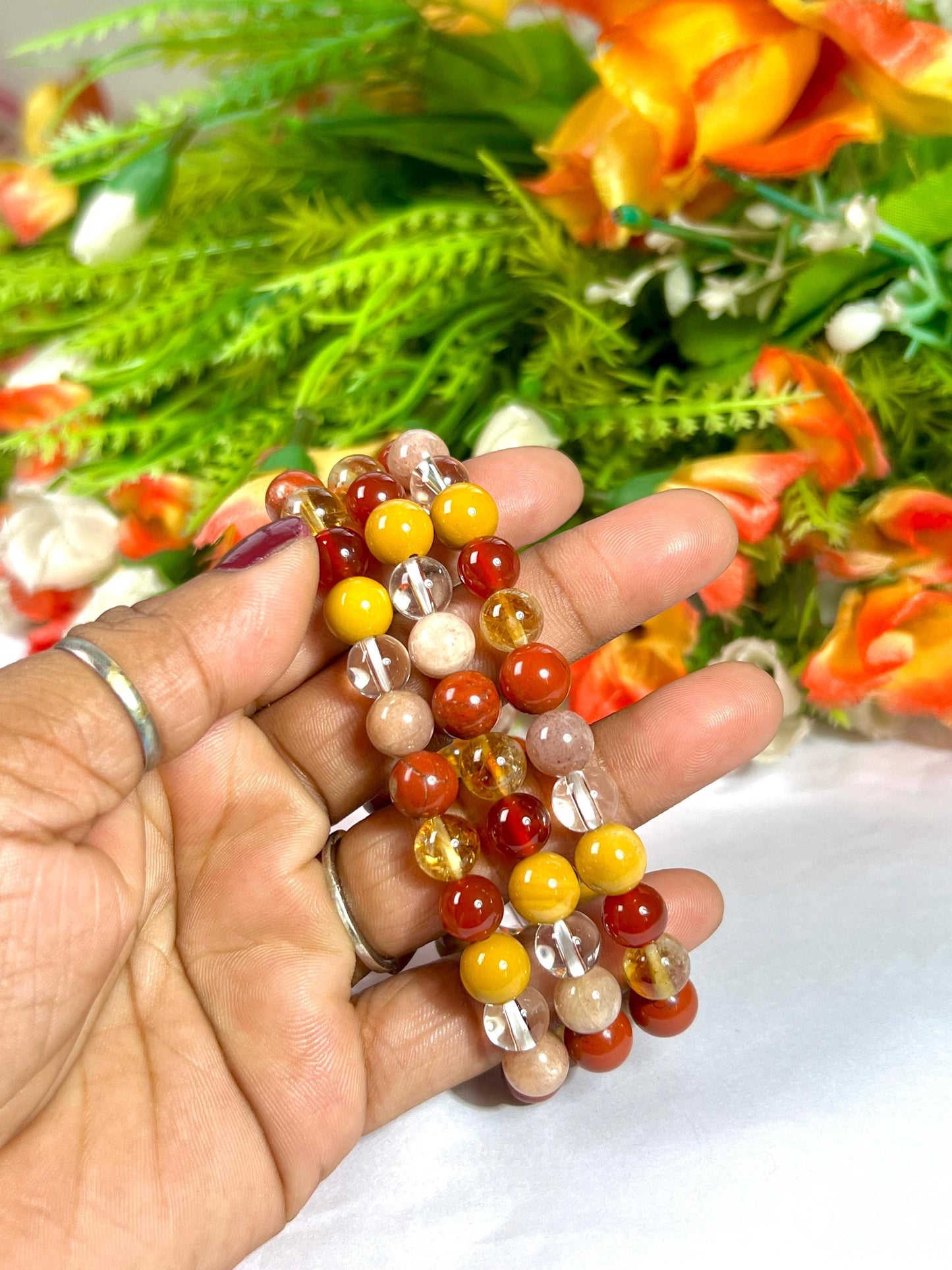 Positive Energy Stone Bracelet l Himalayan Crystal, Yellow Jasper, Carnelian, Citrine, Red Jasper, Peach Moonstone 8 MM Beads Bracelet