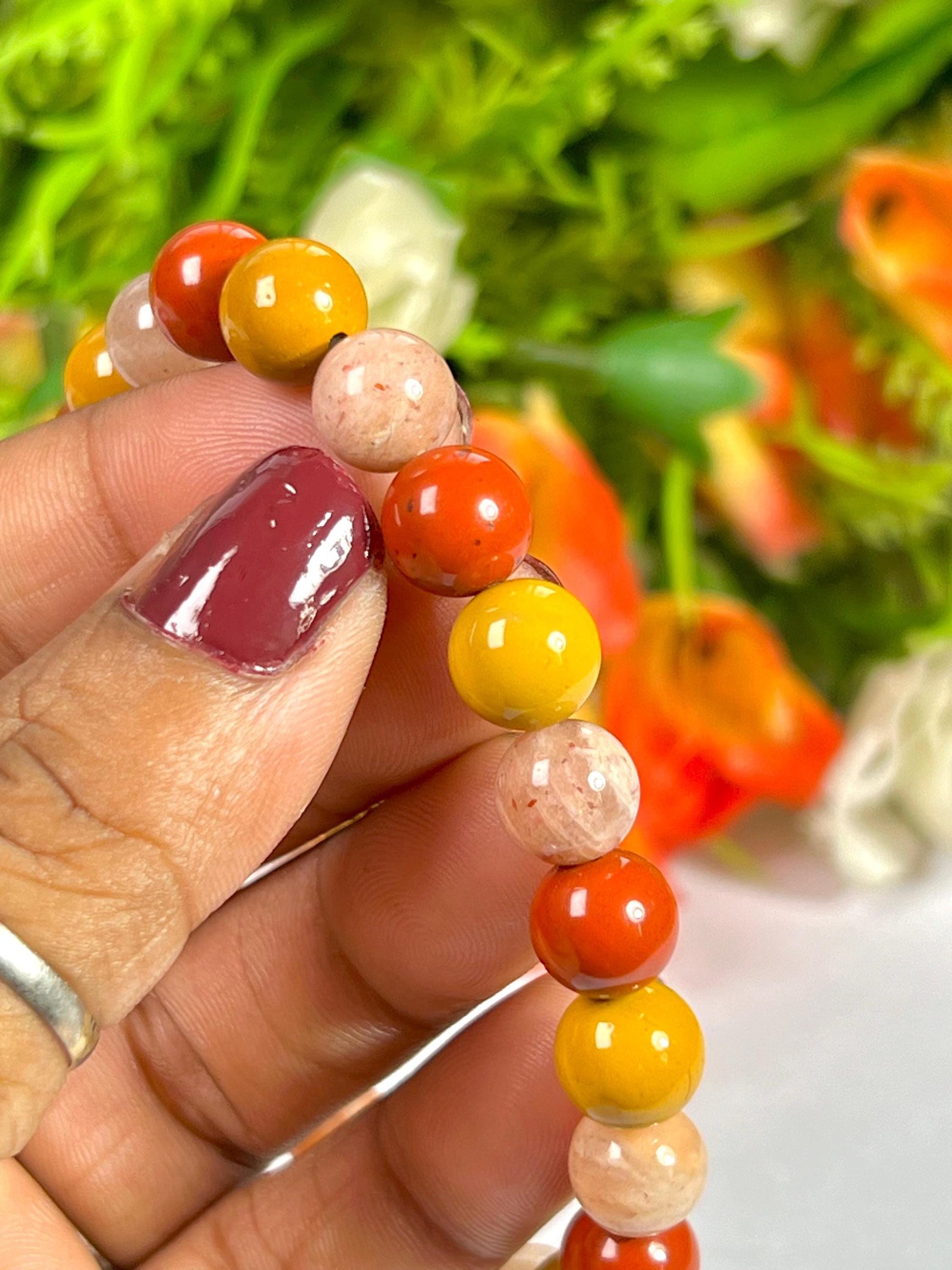 For Grand Daughter Bracelet l Peach Moonstone, Red Jasper , Yellow Jasper Stone 8 MM Beads Bracelet