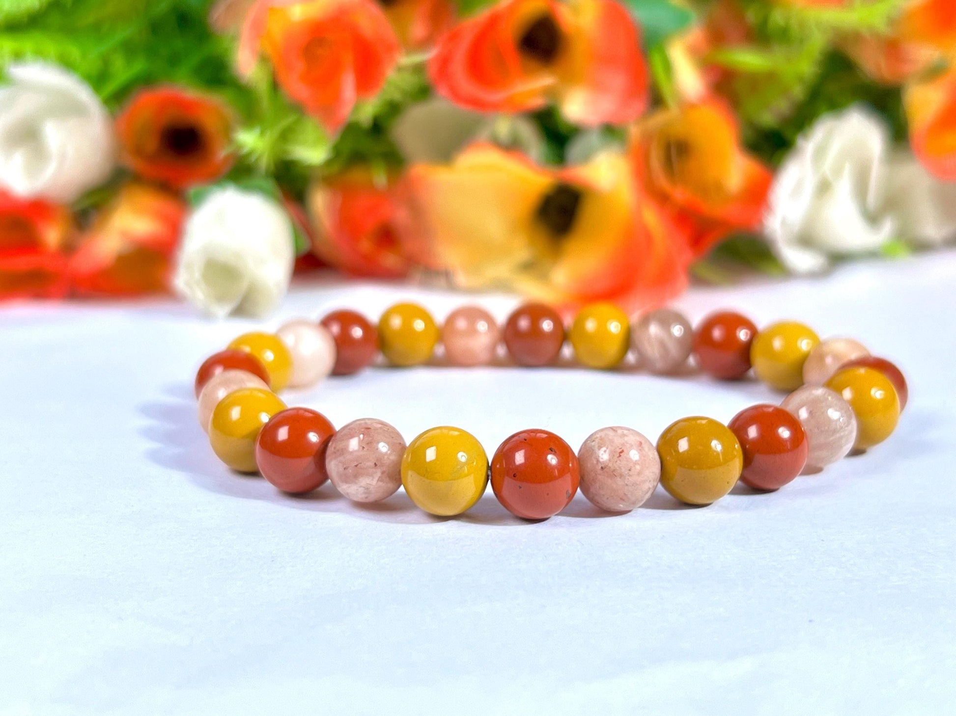 For Grand Daughter Bracelet l Peach Moonstone, Red Jasper , Yellow Jasper Stone 8 MM Beads Bracelet