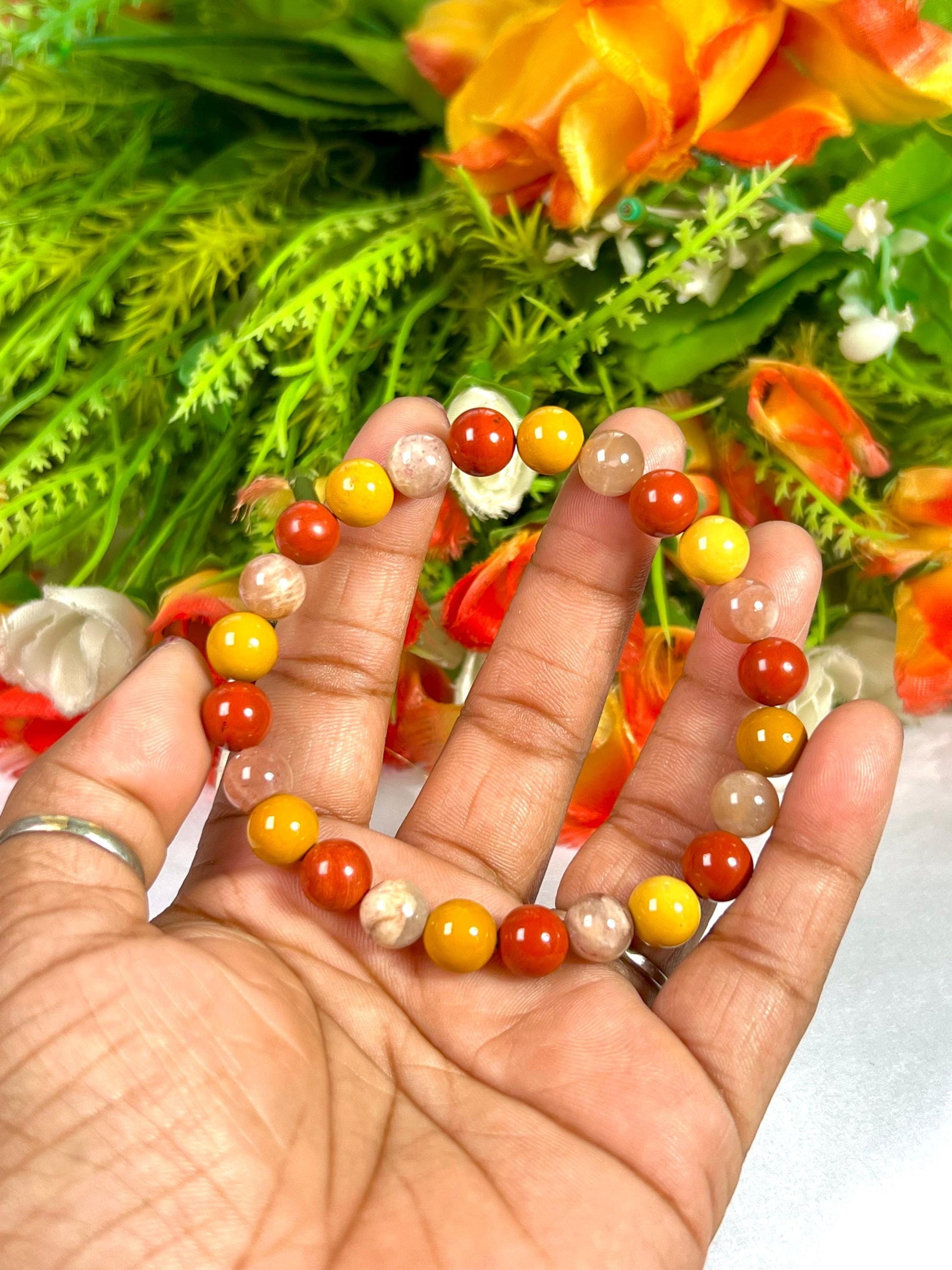 For Grand Daughter Bracelet l Peach Moonstone, Red Jasper , Yellow Jasper Stone 8 MM Beads Bracelet
