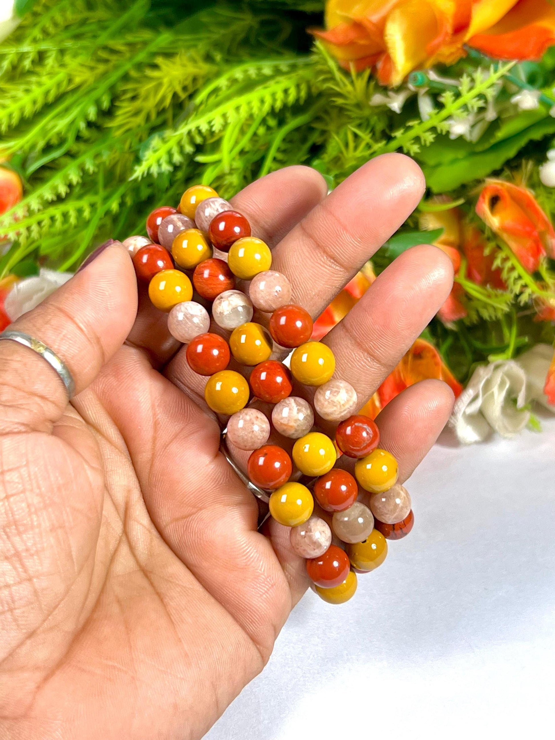 For Grand Daughter Bracelet l Peach Moonstone, Red Jasper , Yellow Jasper Stone 8 MM Beads Bracelet