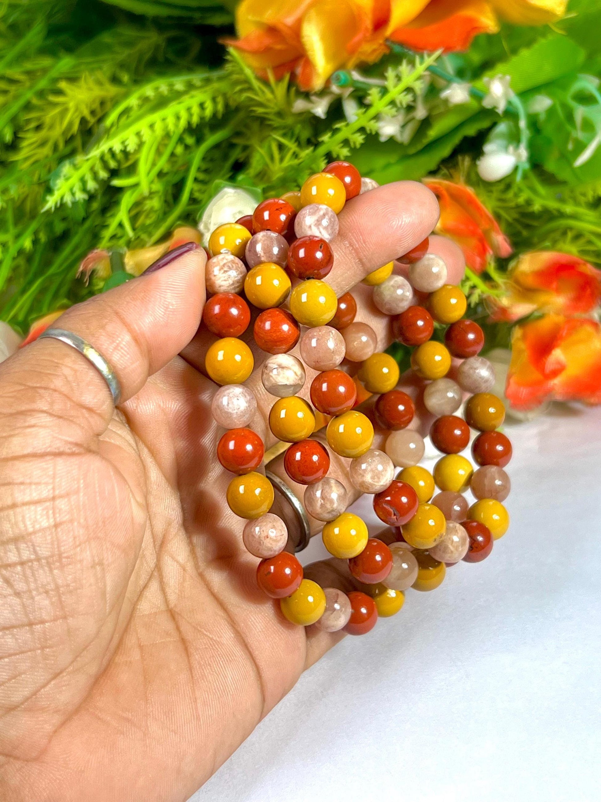 For Grand Daughter Bracelet l Peach Moonstone, Red Jasper , Yellow Jasper Stone 8 MM Beads Bracelet