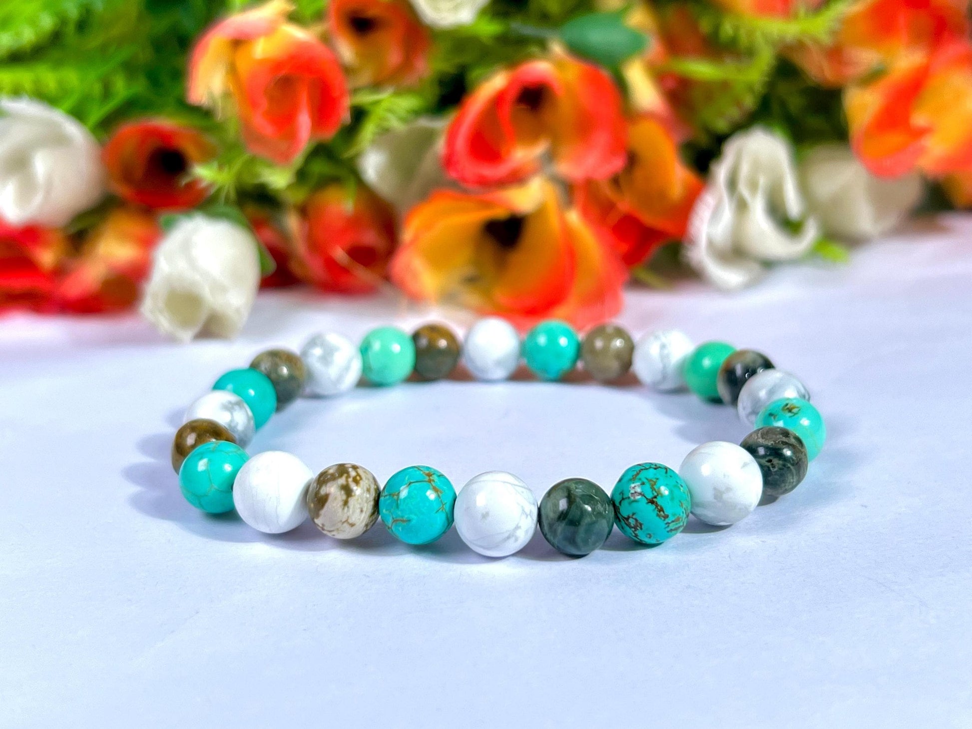 For Cousin Bracelet l Ocean Jasper , Howlite , Howlite Turquoise Stone  8 MM Beads Bracelet