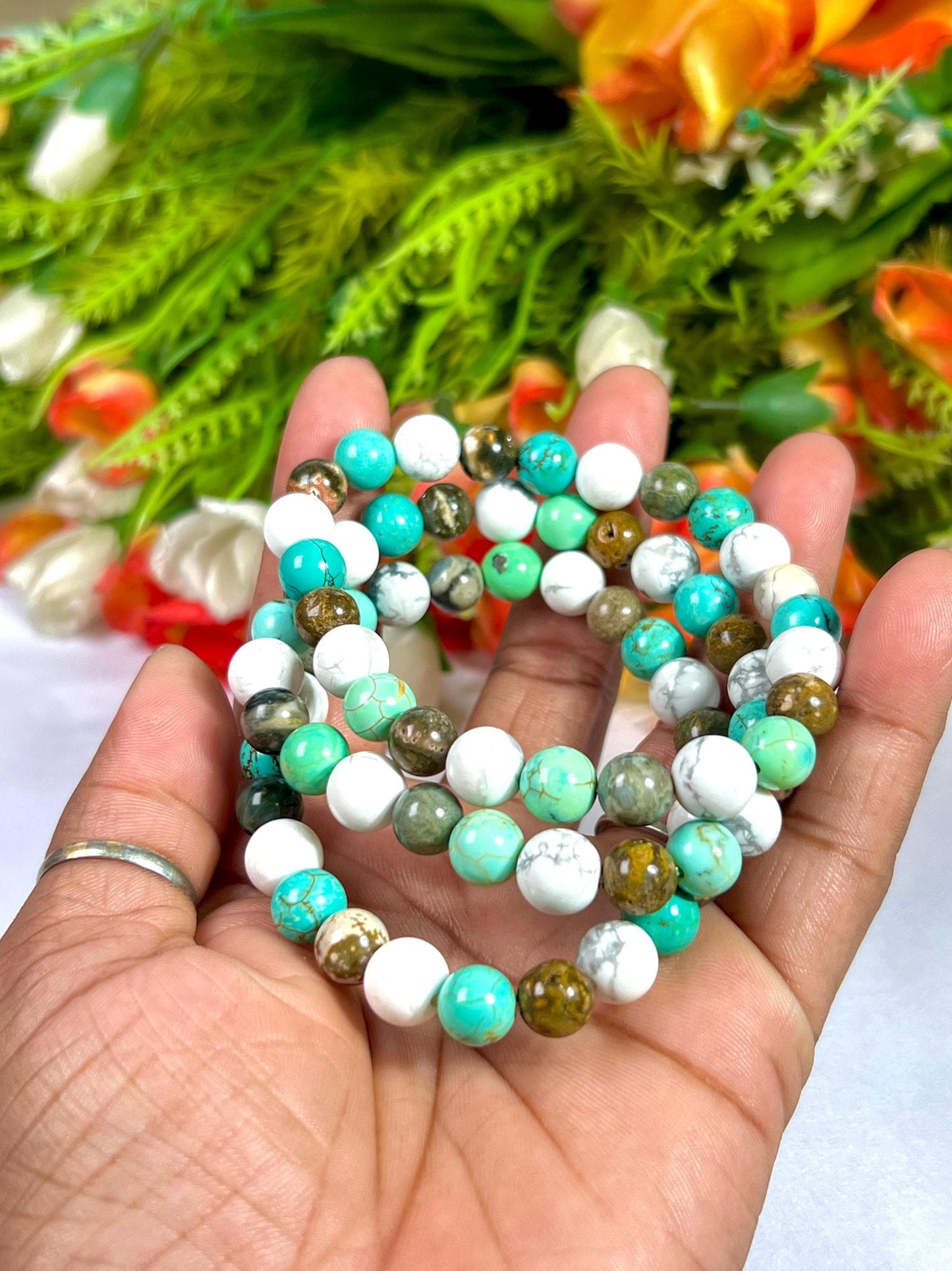 For Cousin Bracelet l Ocean Jasper , Howlite , Howlite Turquoise Stone  8 MM Beads Bracelet