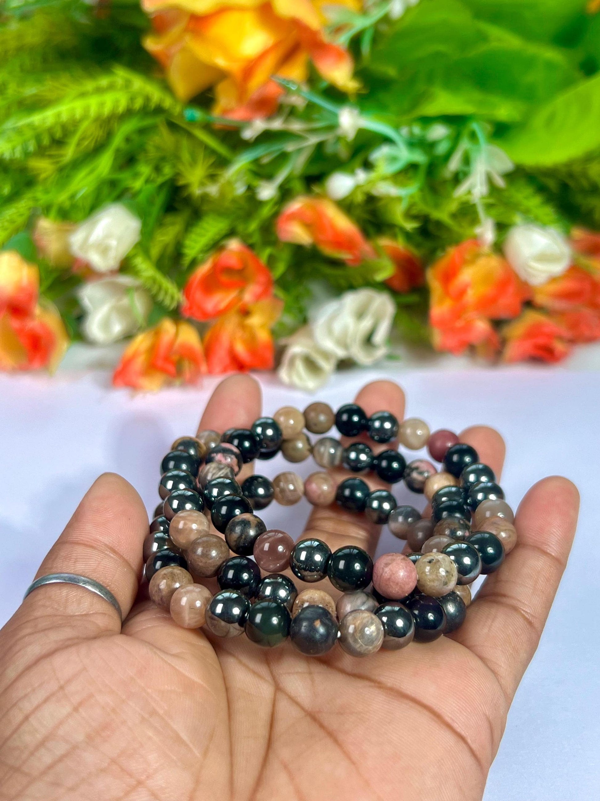 For Father / Dad / Papa Bracelet l Rhodonite , Black Moonstone , Hematite, Black Obsidian Stone 8 MM Beads Bracelet
