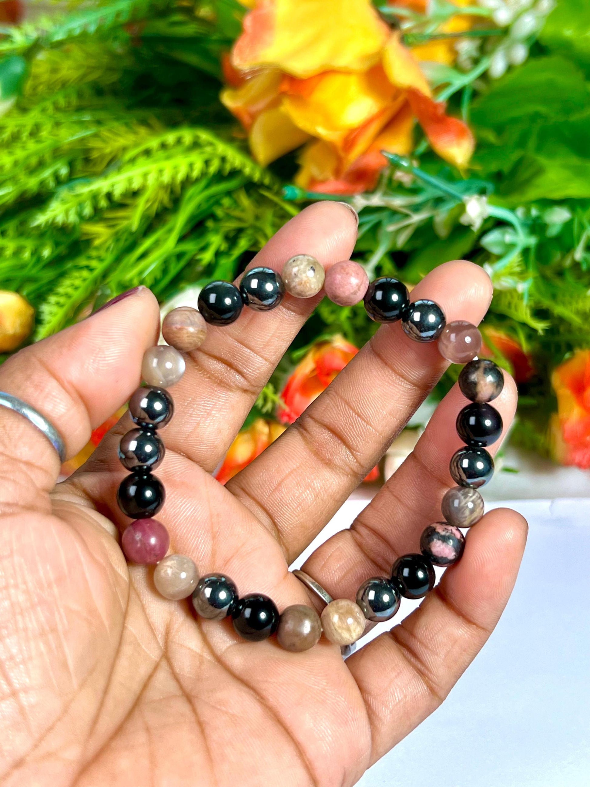For Father / Dad / Papa Bracelet l Rhodonite , Black Moonstone , Hematite, Black Obsidian Stone 8 MM Beads Bracelet