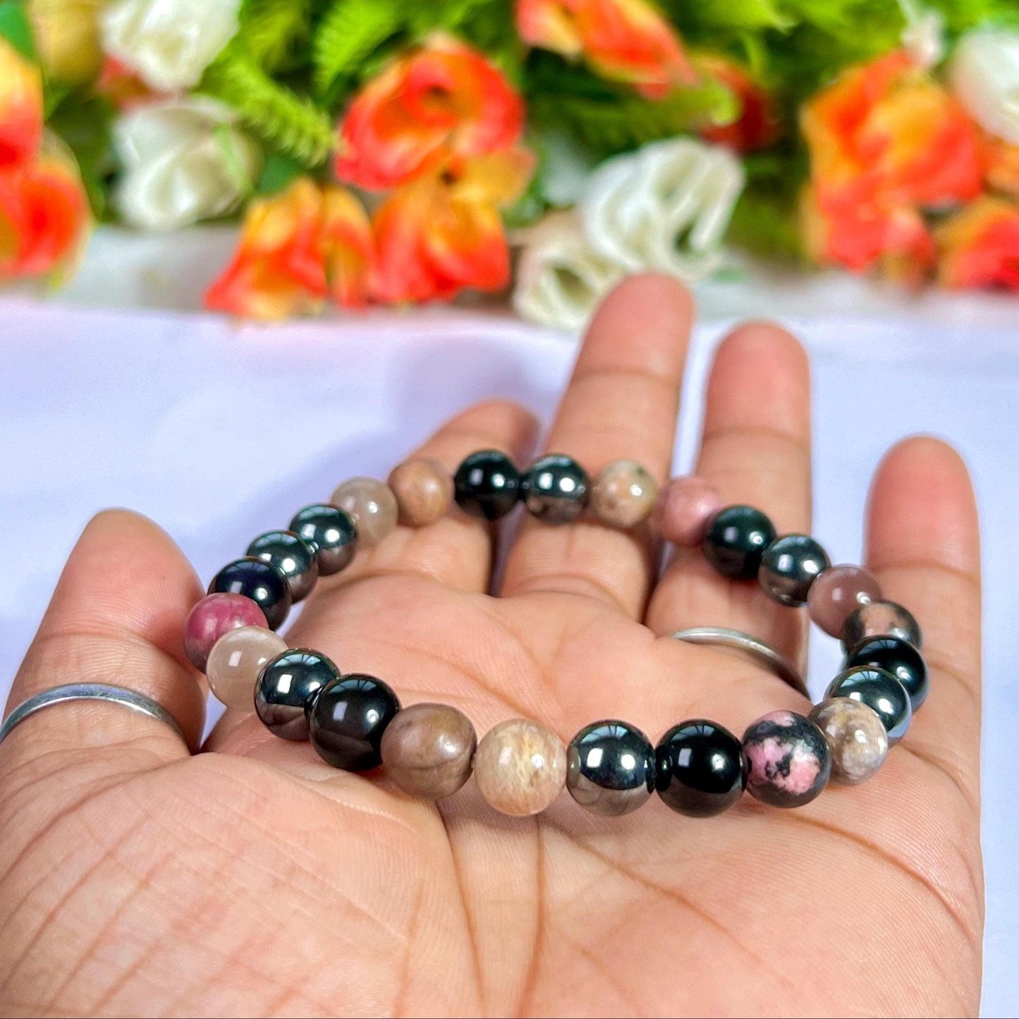 For Father / Dad / Papa Bracelet l Rhodonite , Black Moonstone , Hematite, Black Obsidian Stone 8 MM Beads Bracelet