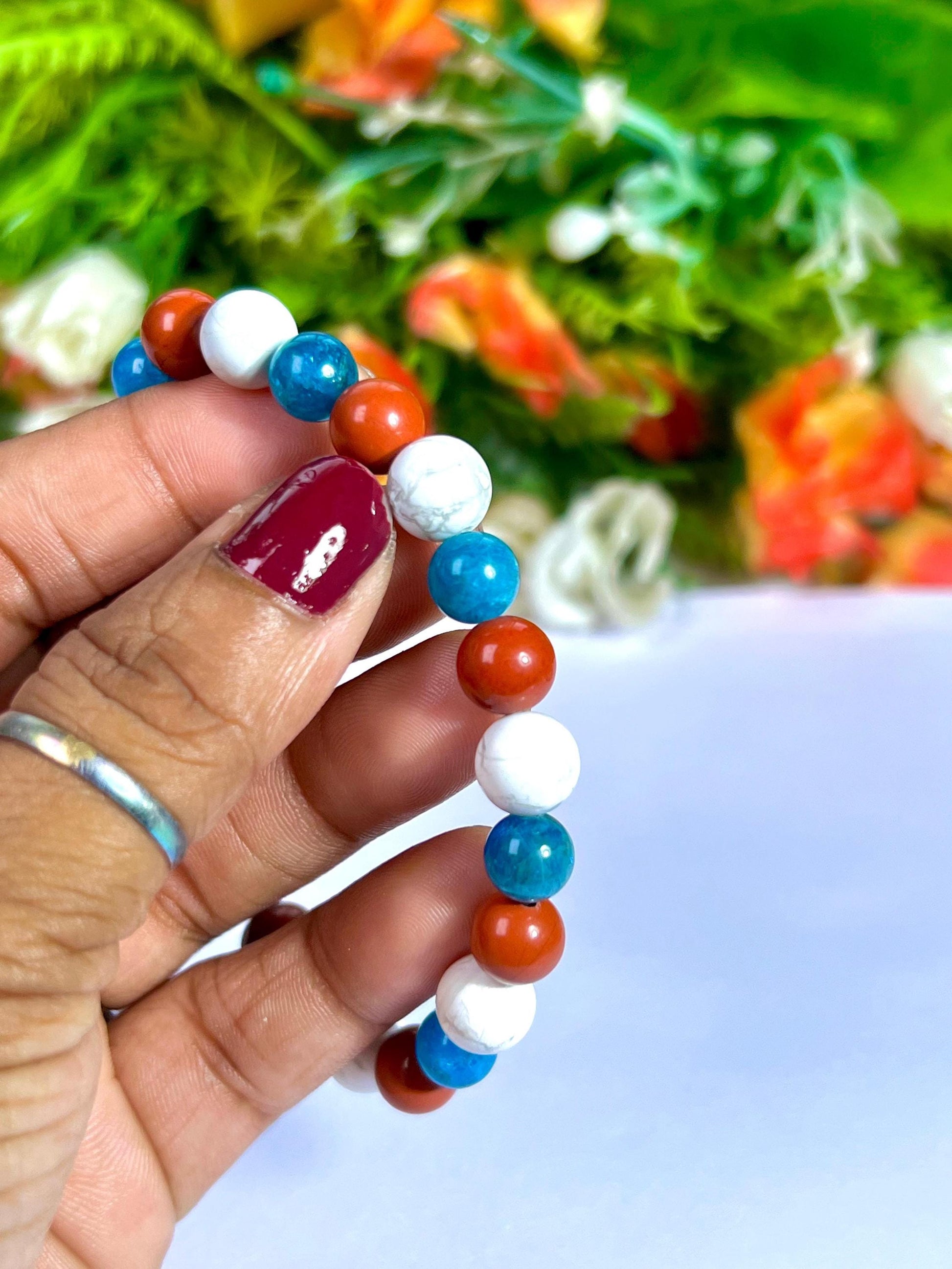 For Soulmate Bracelet l Blue Apatite , Howlite , Red Jasper Stone  8 MM Beads Bracelet