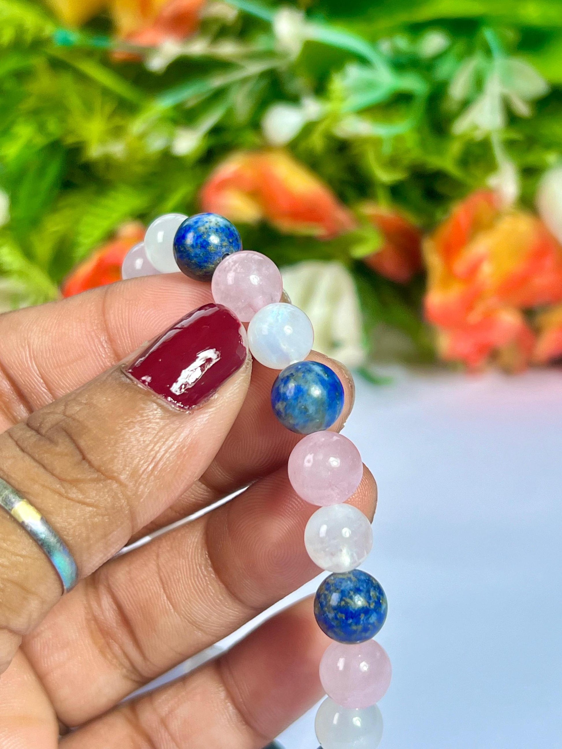 For Niece Bracelet l Rose Quartz , Lapis Lazuli , Rainbow Moonstone  8 MM Beads Bracelet