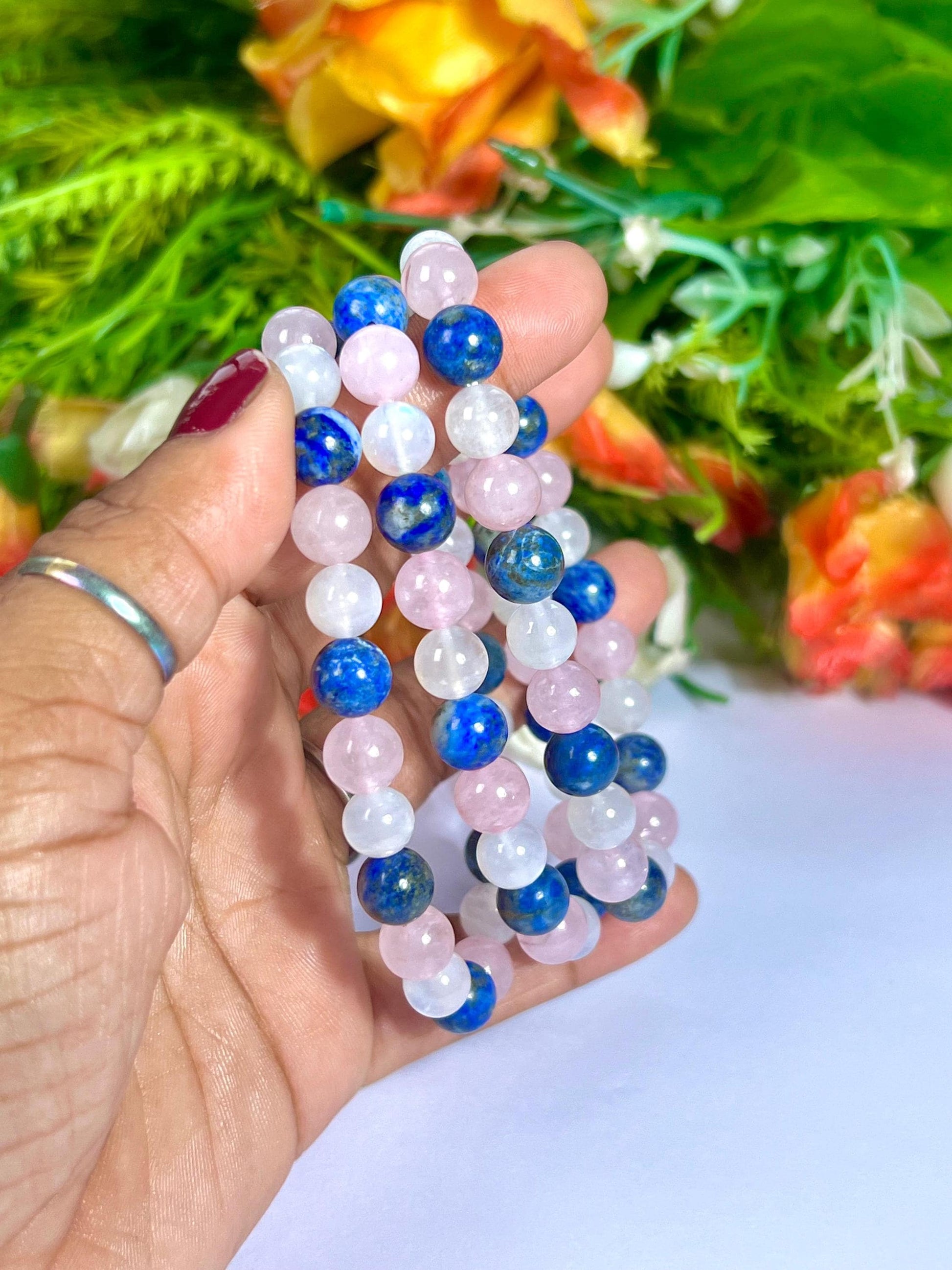 For Niece Bracelet l Rose Quartz , Lapis Lazuli , Rainbow Moonstone  8 MM Beads Bracelet