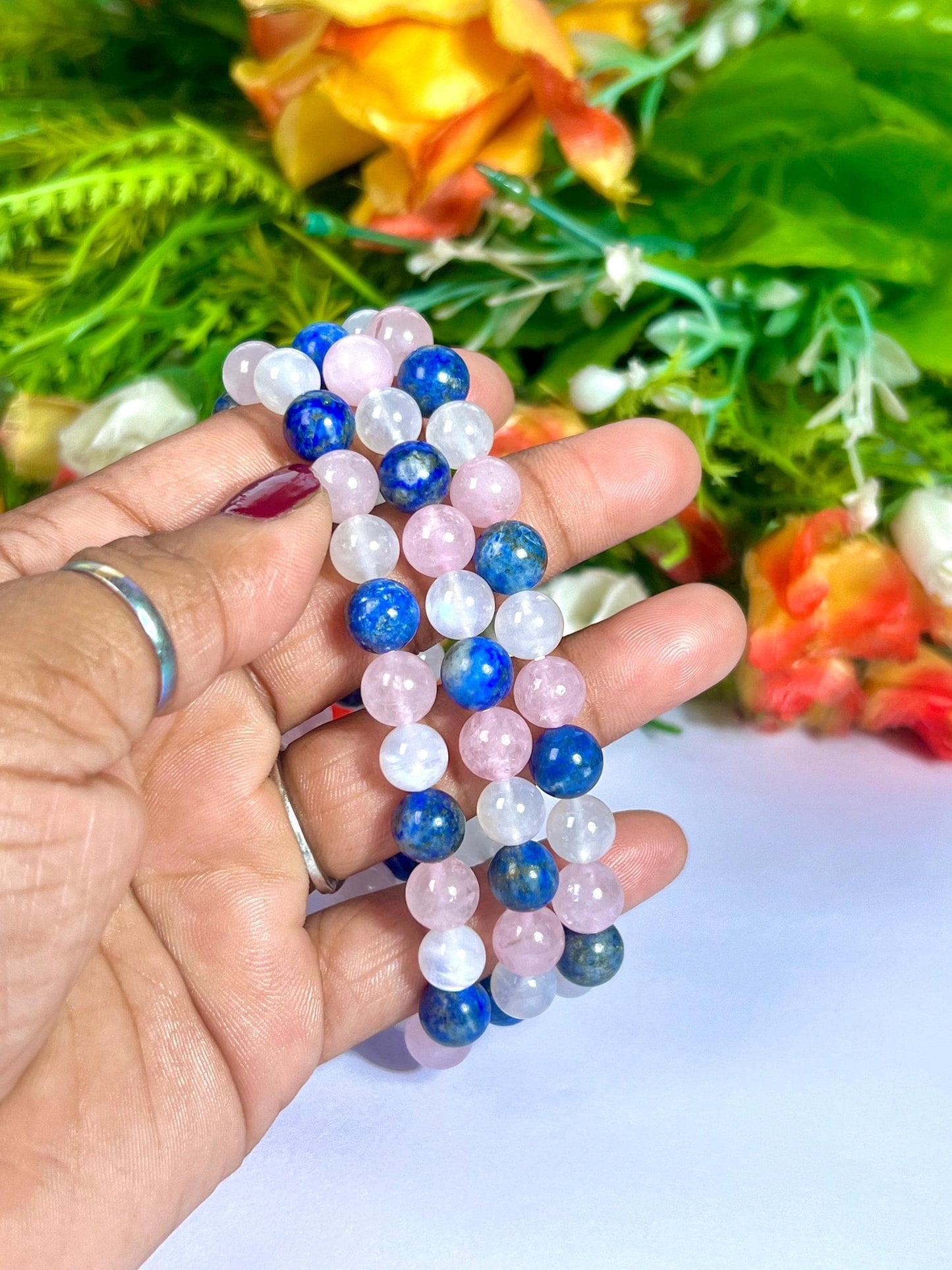 For Niece Bracelet l Rose Quartz , Lapis Lazuli , Rainbow Moonstone  8 MM Beads Bracelet