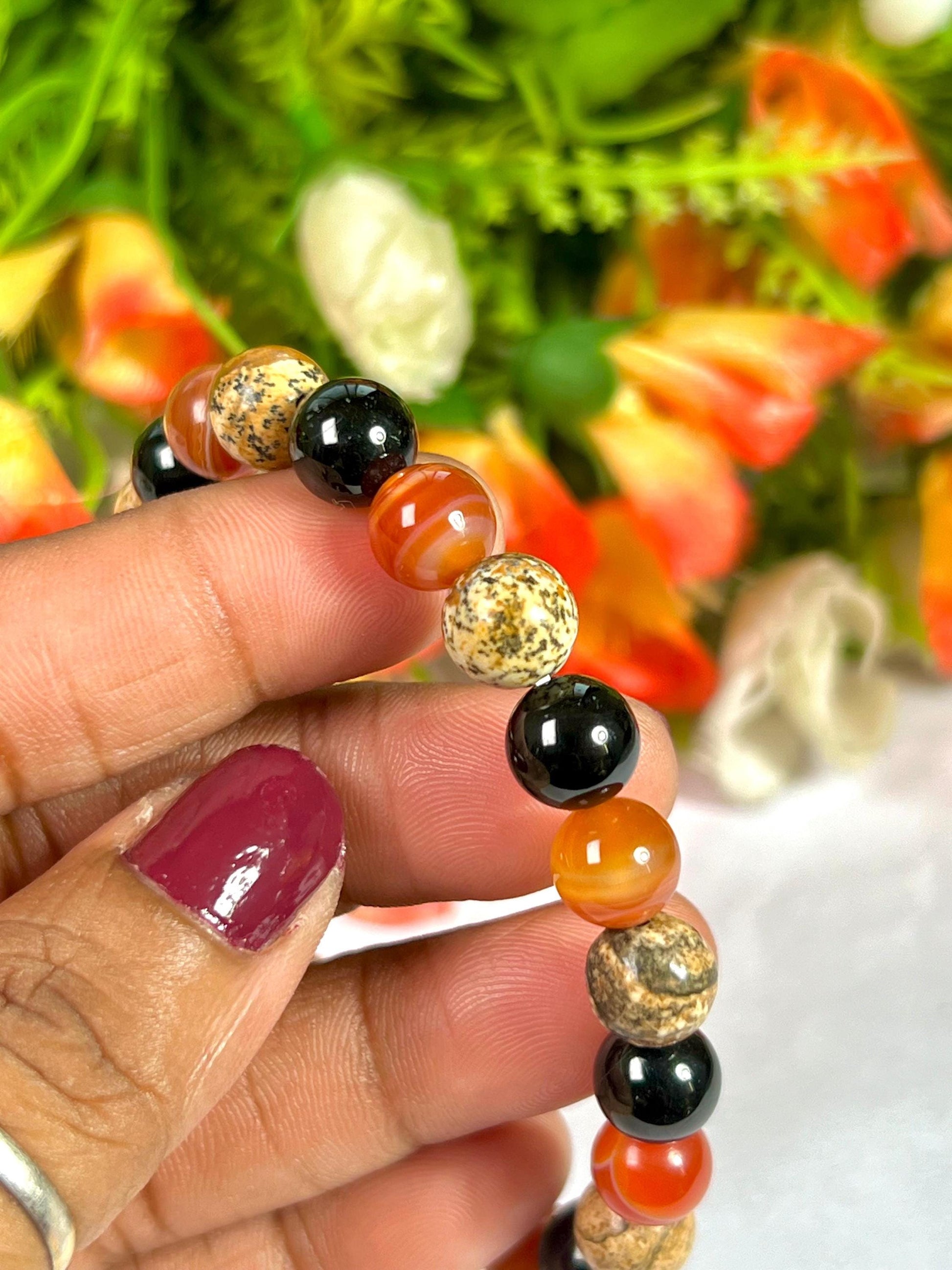 For Nephew Bracelet l Sardonyx , Picture Jasper , Black Tourmaline Stone  8 MM Beads Bracelet