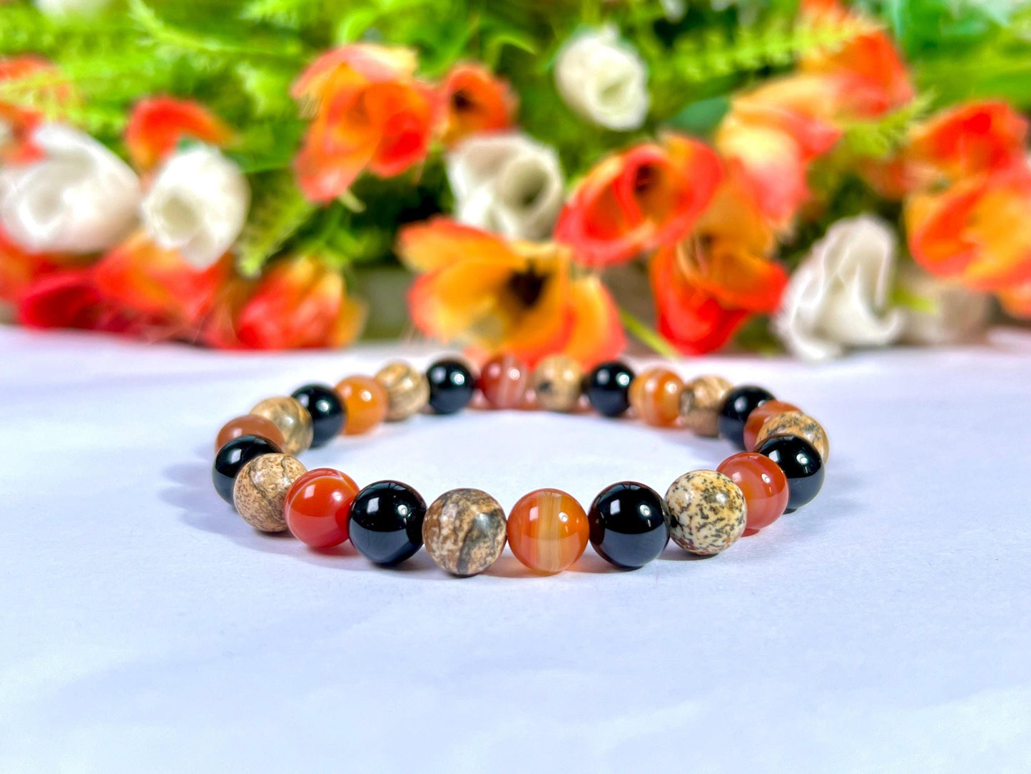For Nephew Bracelet l Sardonyx , Picture Jasper , Black Tourmaline Stone  8 MM Beads Bracelet